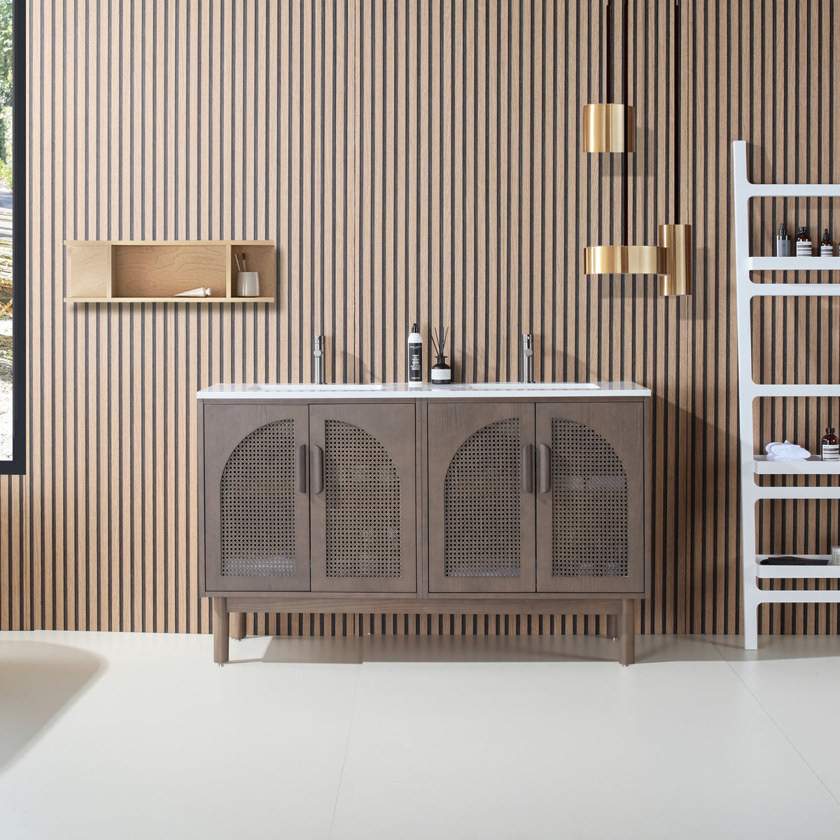 60" Chestnut Oak Freestanding Double Sinks Bathroom Vanity with Pure White Quartz Countertop