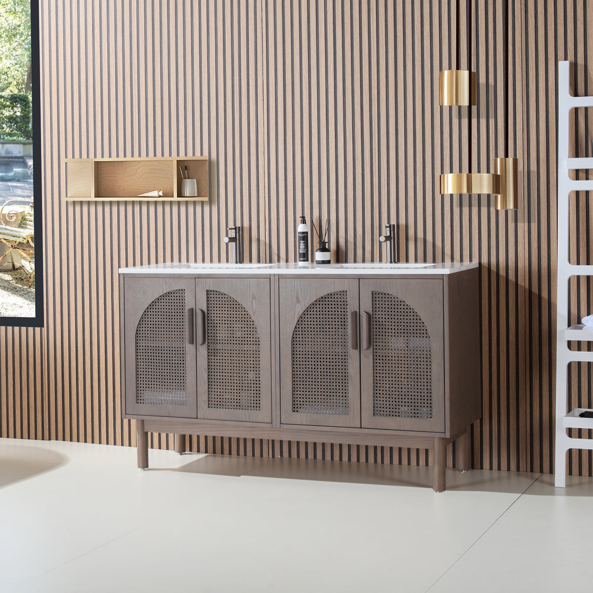 60" Chestnut Oak Freestanding Double Sinks Bathroom Vanity with Pure White Quartz Countertop
