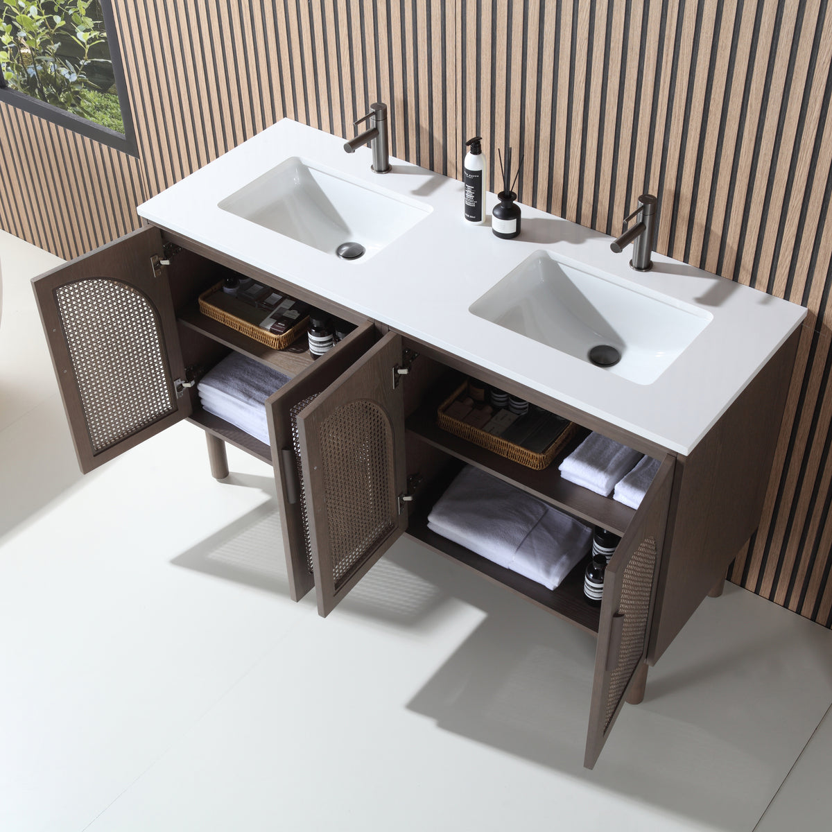 60" Chestnut Oak Freestanding Double Sinks Bathroom Vanity with Pure White Quartz Countertop