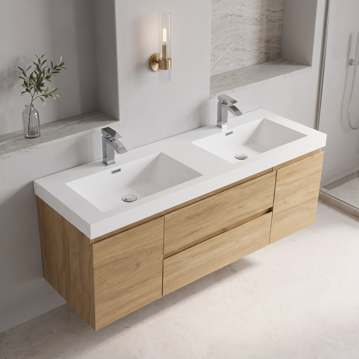 60" Distressed Oak Wall-Mount Double Sink Bathroom Vanity with White Acrylic Countertop