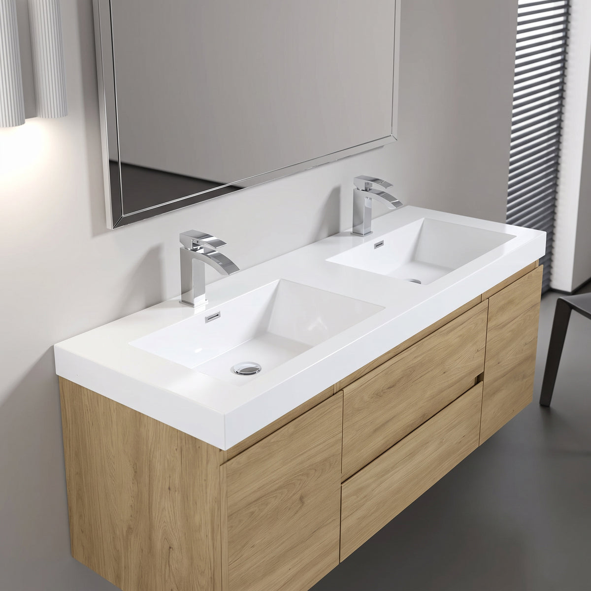 60" Distressed Oak Wall-Mount Double Sink Bathroom Vanity with White Acrylic Countertop