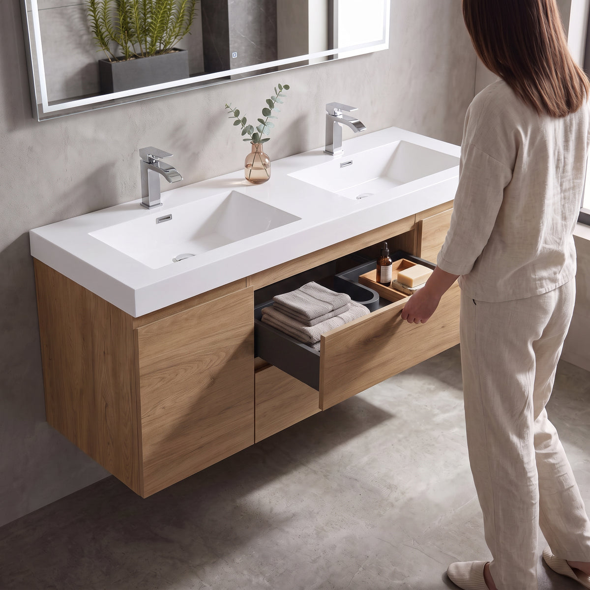 60" Distressed Oak Wall-Mount Double Sink Bathroom Vanity with White Acrylic Countertop