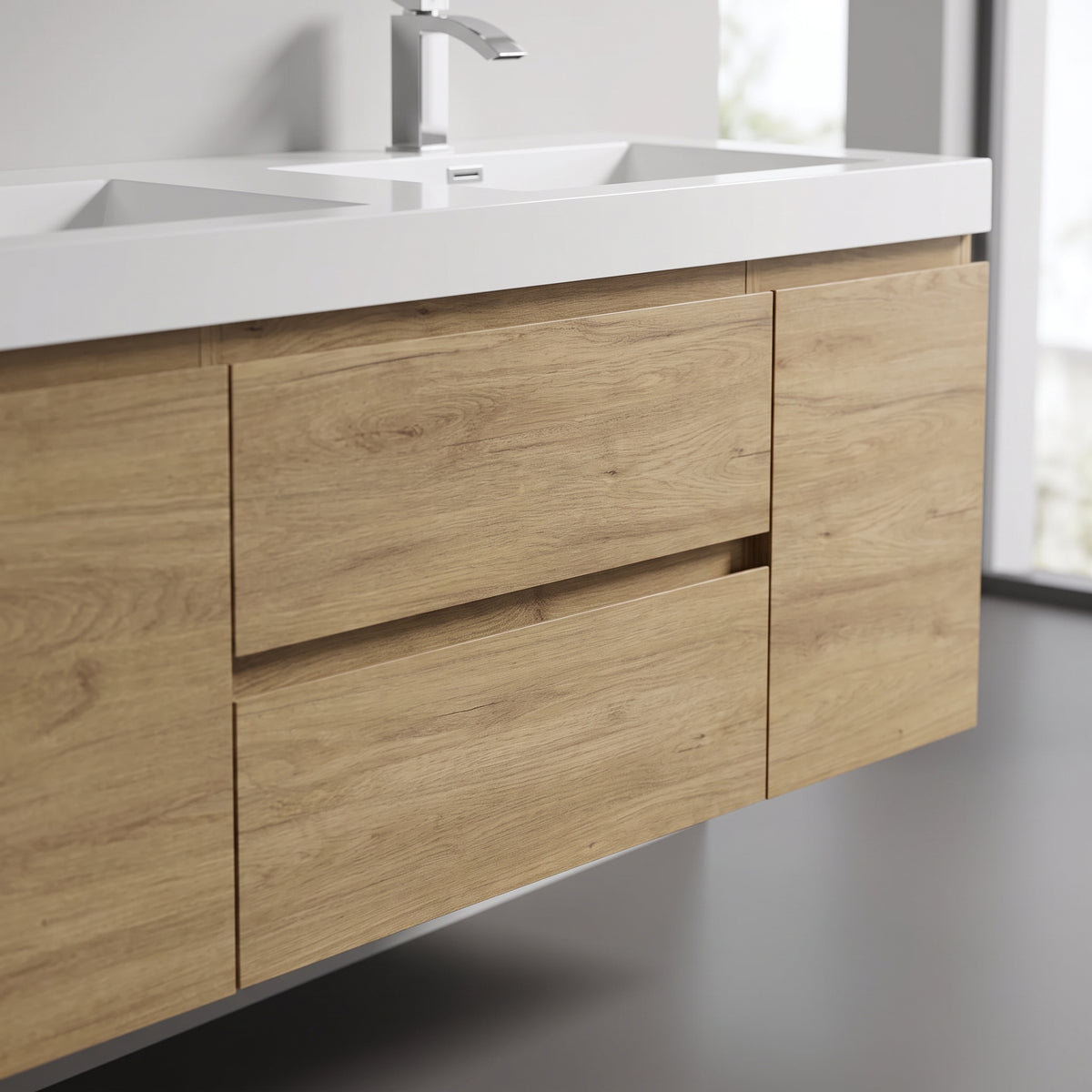 60" Distressed Oak Wall-Mount Double Sink Bathroom Vanity with White Acrylic Countertop