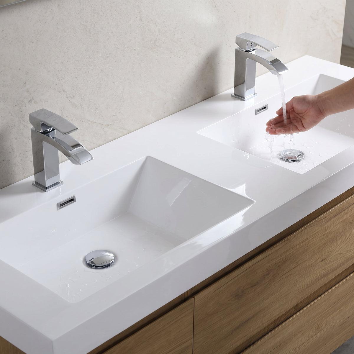 60" Distressed Oak Wall-Mount Double Sink Bathroom Vanity with White Acrylic Countertop