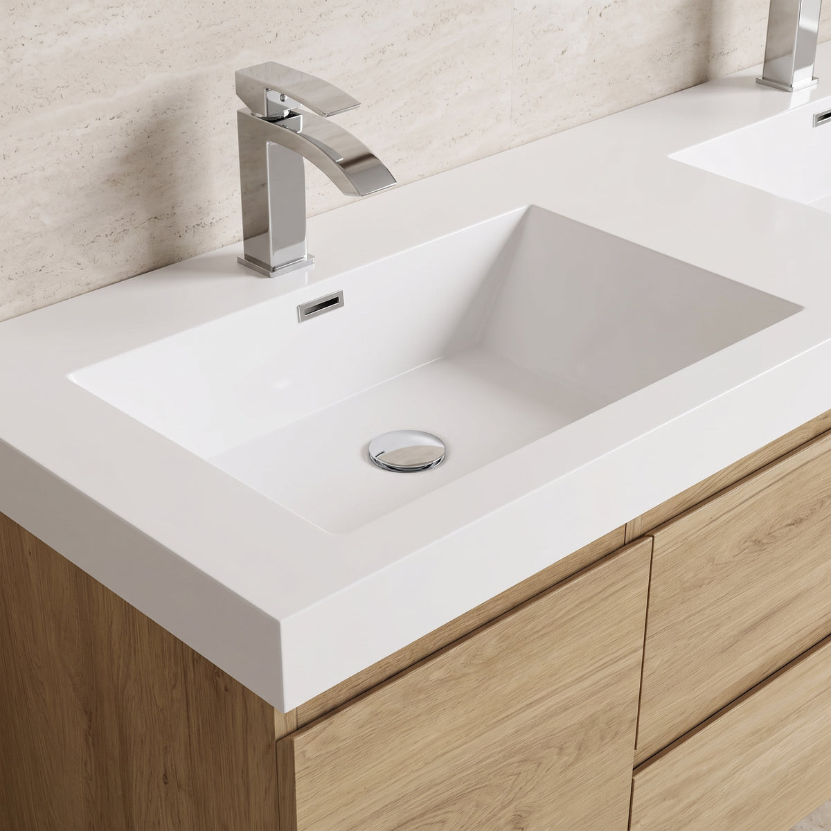 60" Distressed Oak Wall-Mount Double Sink Bathroom Vanity with White Acrylic Countertop