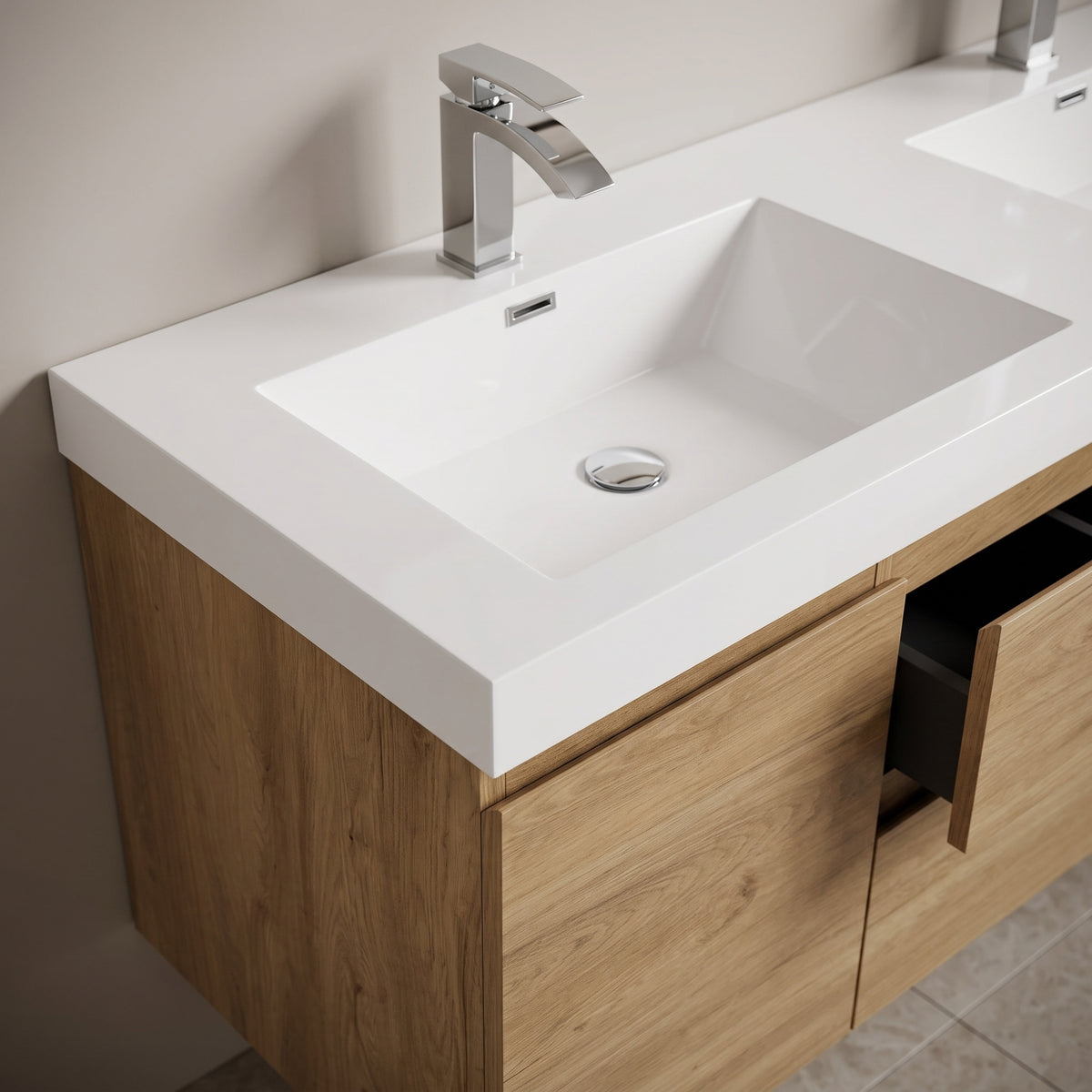 60" Distressed Oak Wall-Mount Double Sink Bathroom Vanity with White Acrylic Countertop