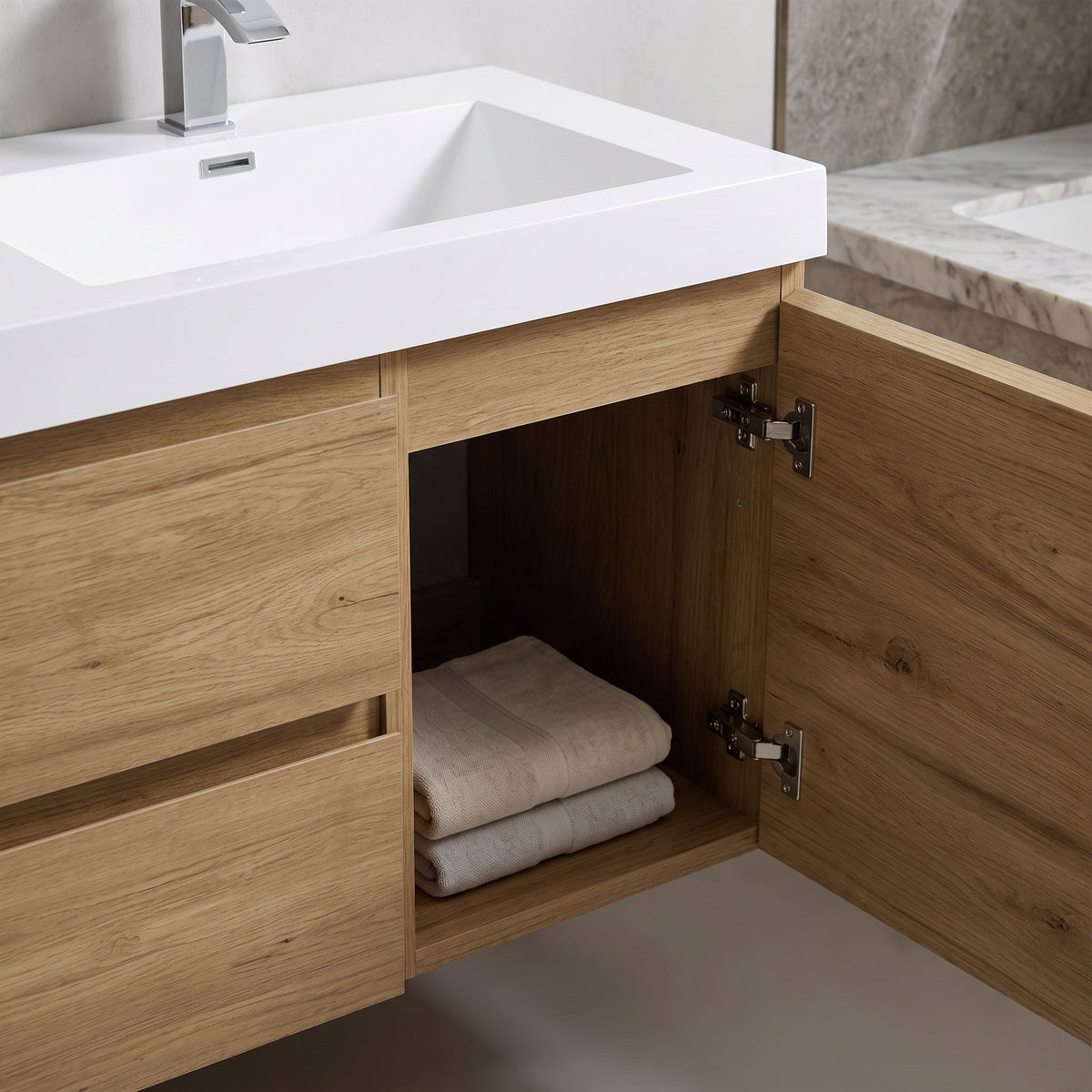 60" Distressed Oak Wall-Mount Double Sink Bathroom Vanity with White Acrylic Countertop