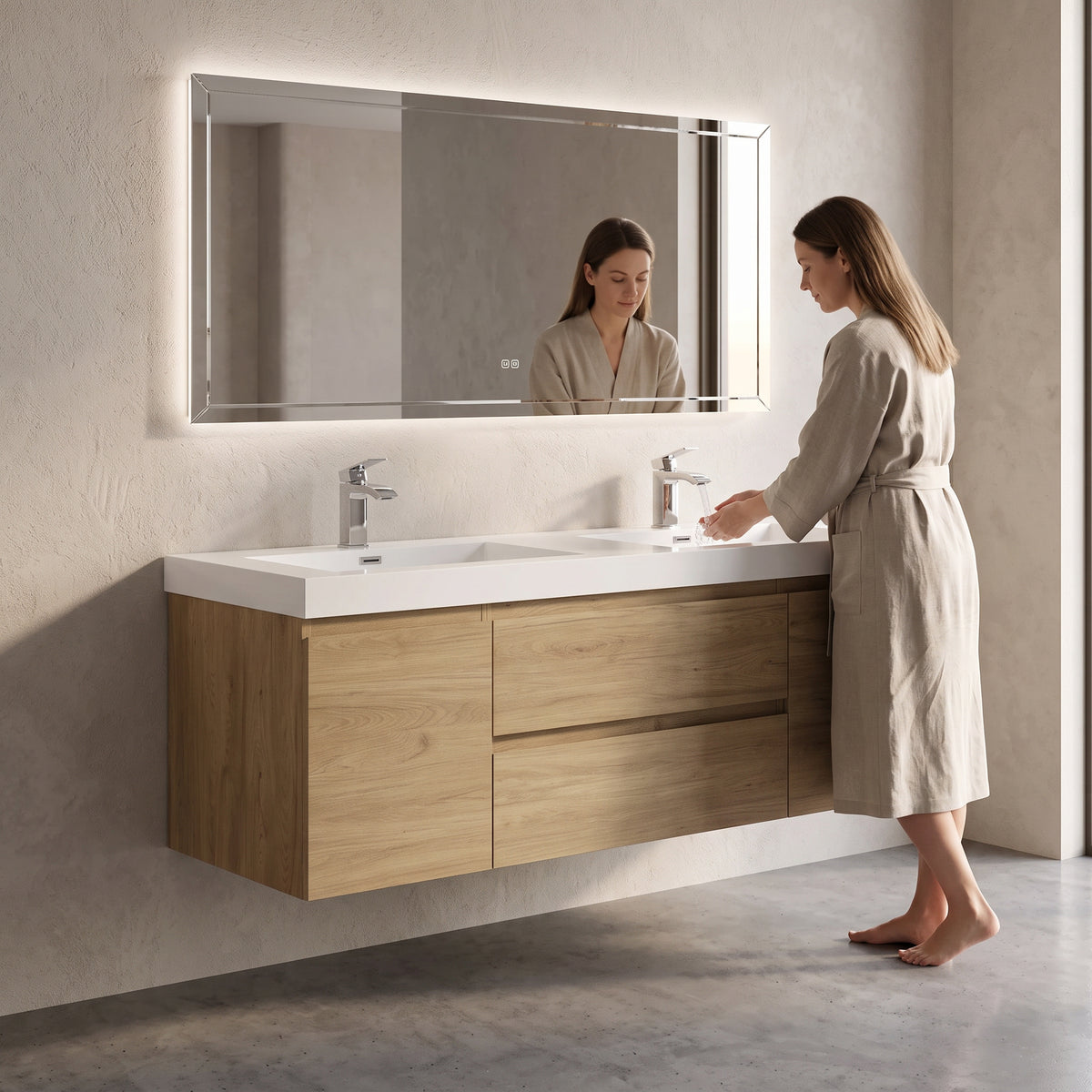 60" Distressed Oak Wall-Mount Double Sink Bathroom Vanity with White Acrylic Countertop