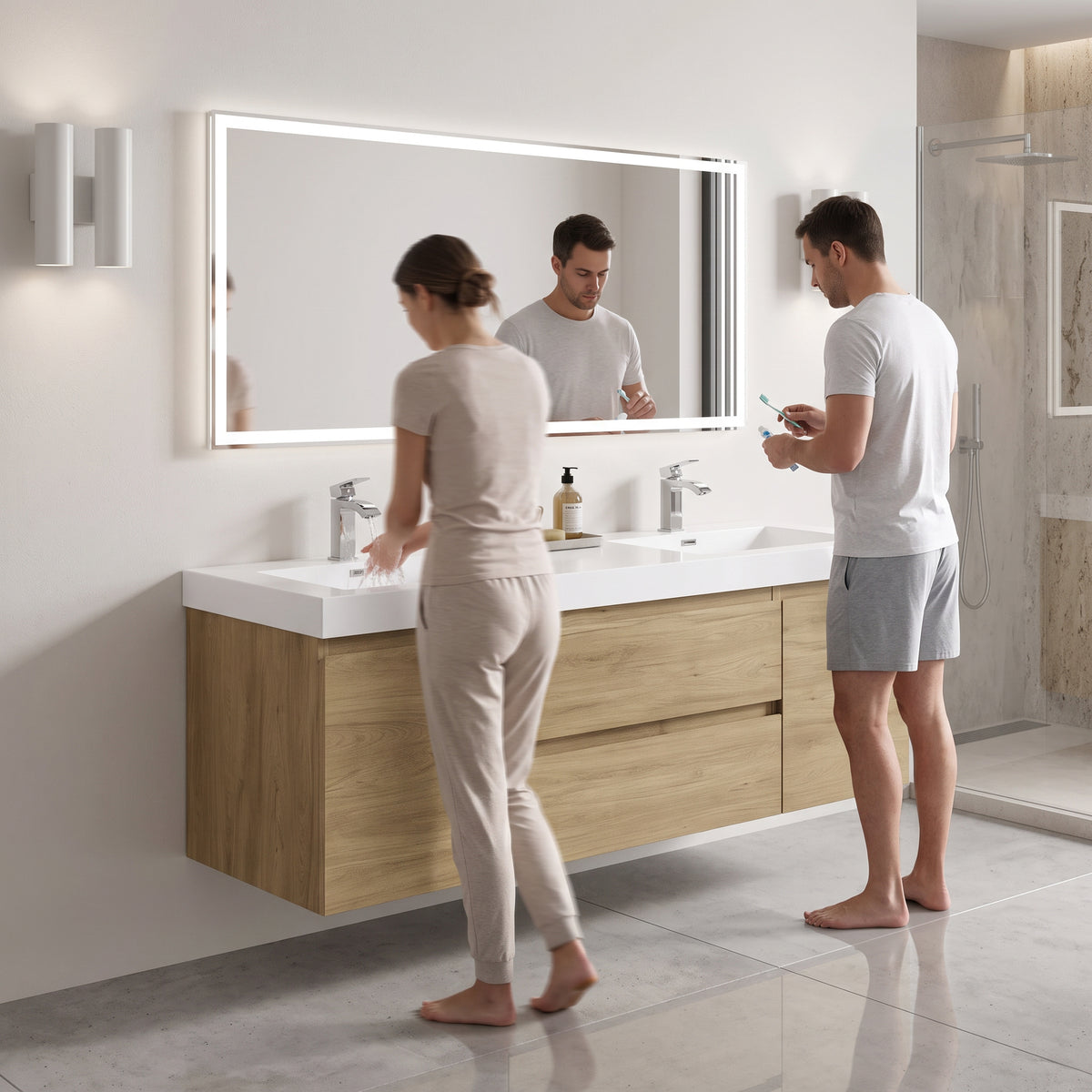 60" Distressed Oak Wall-Mount Double Sink Bathroom Vanity with White Acrylic Countertop