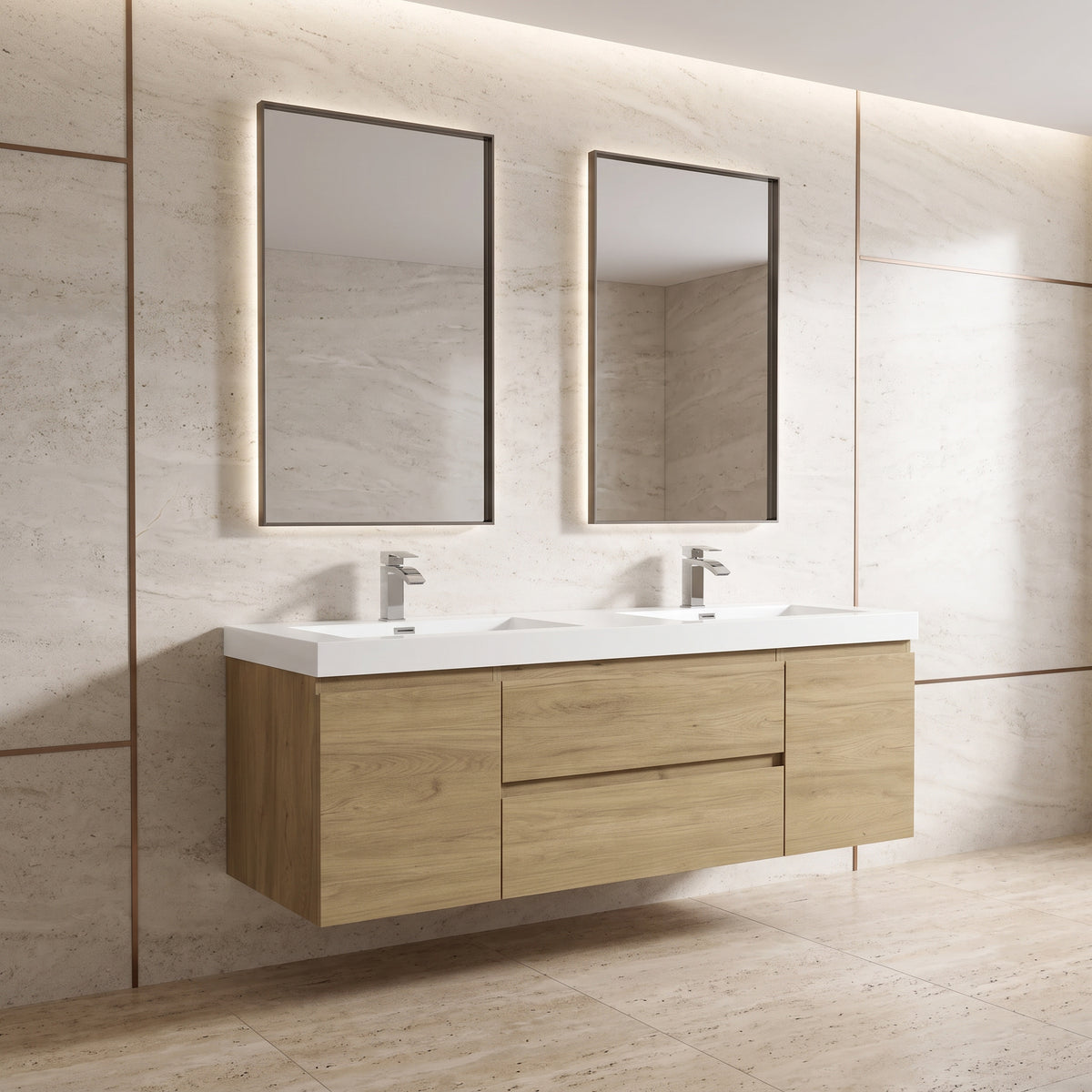 60" Distressed Oak Wall-Mount Double Sink Bathroom Vanity with White Acrylic Countertop