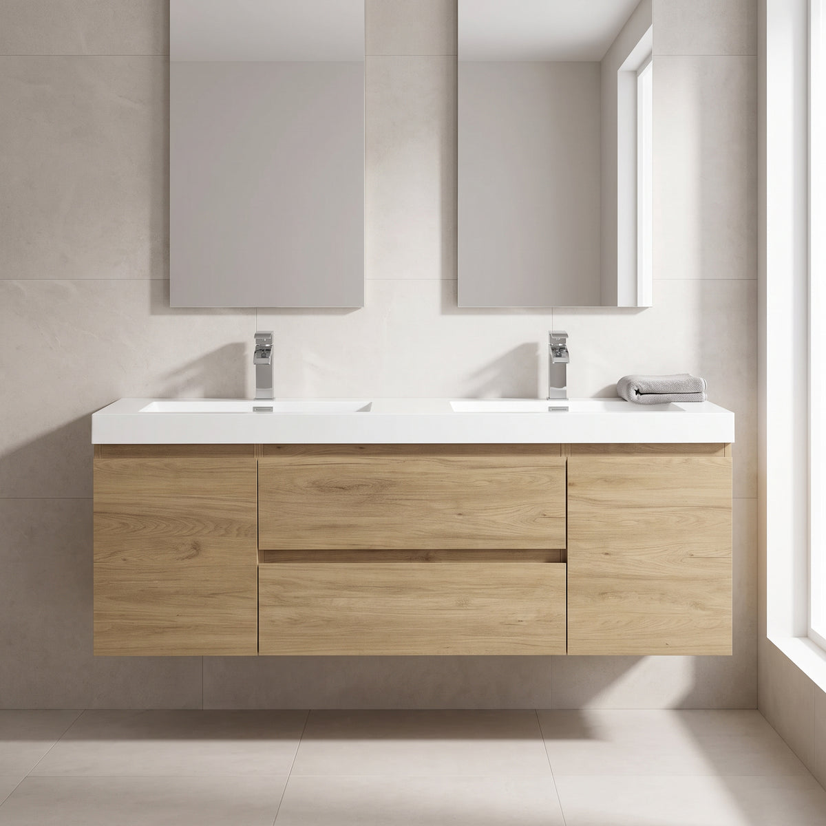 60" Distressed Oak Wall-Mount Double Sink Bathroom Vanity with White Acrylic Countertop