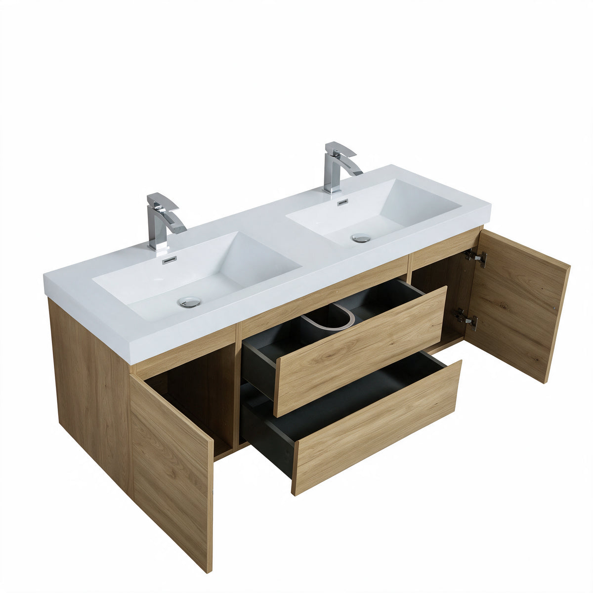 60" Distressed Oak Wall-Mount Double Sink Bathroom Vanity with White Acrylic Countertop