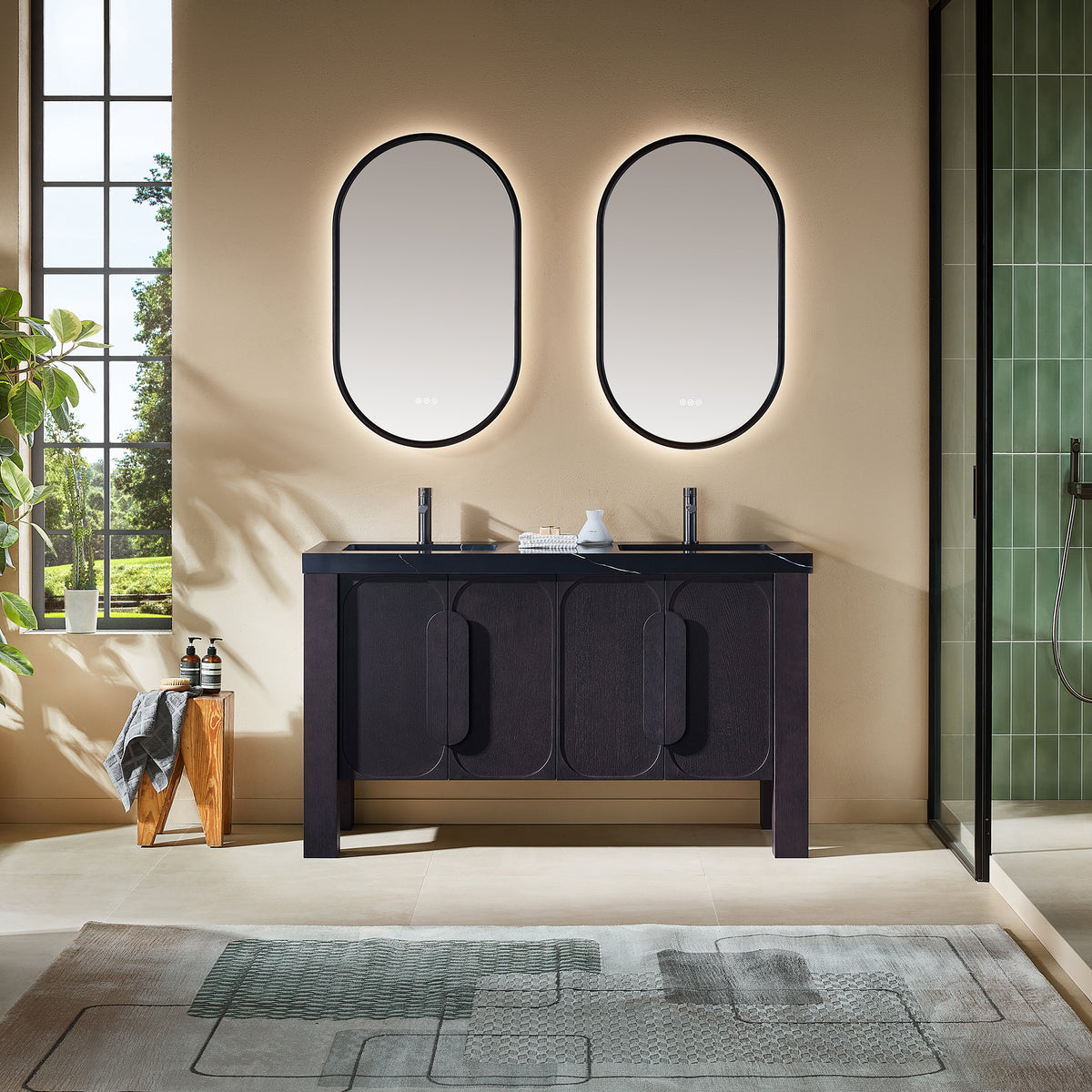 60" Espresso Oak Freestanding Double Sinks Bathroom Vanity with Black Marquina Quartz Countertop