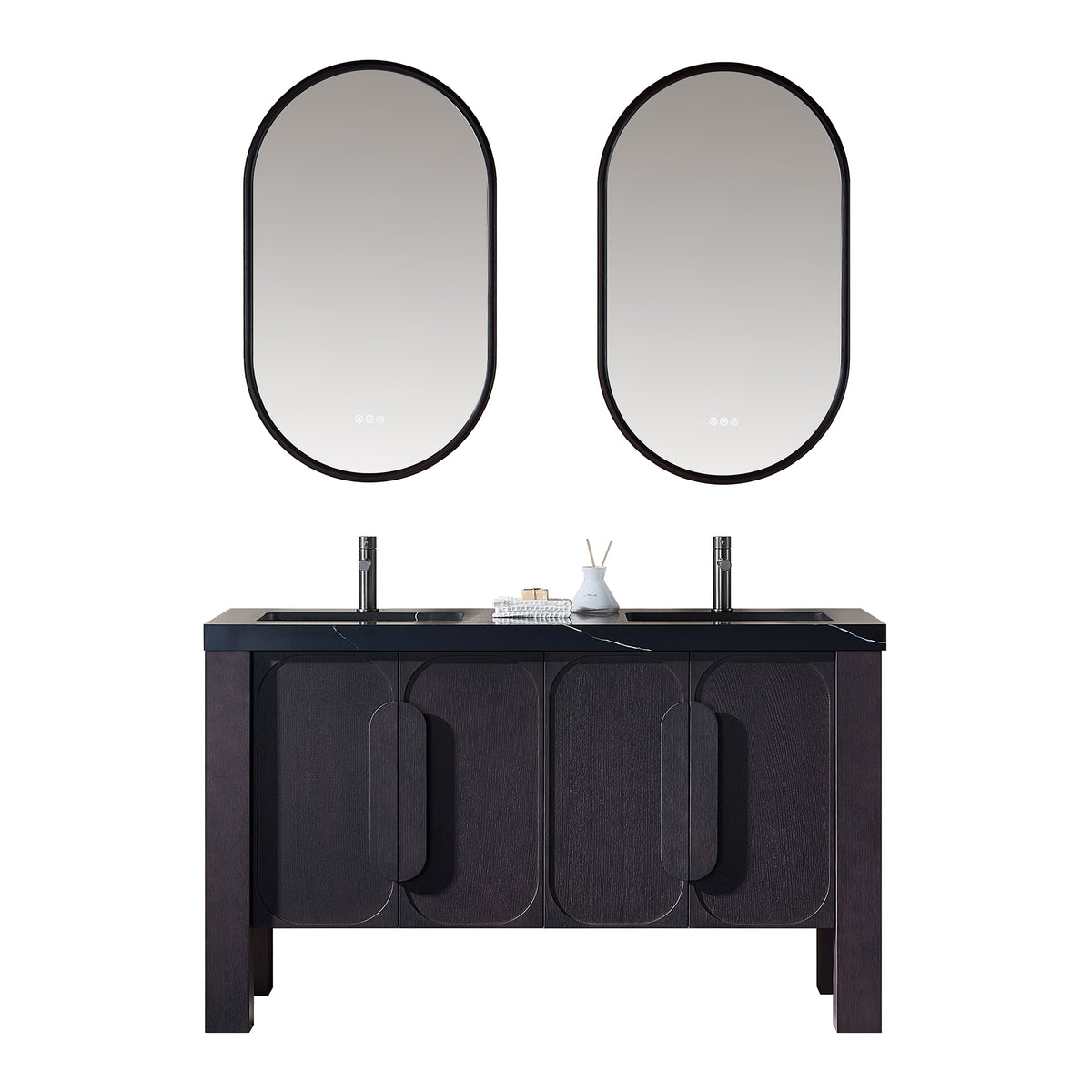 60" Espresso Oak Freestanding Double Sinks Bathroom Vanity with Black Marquina Quartz Countertop