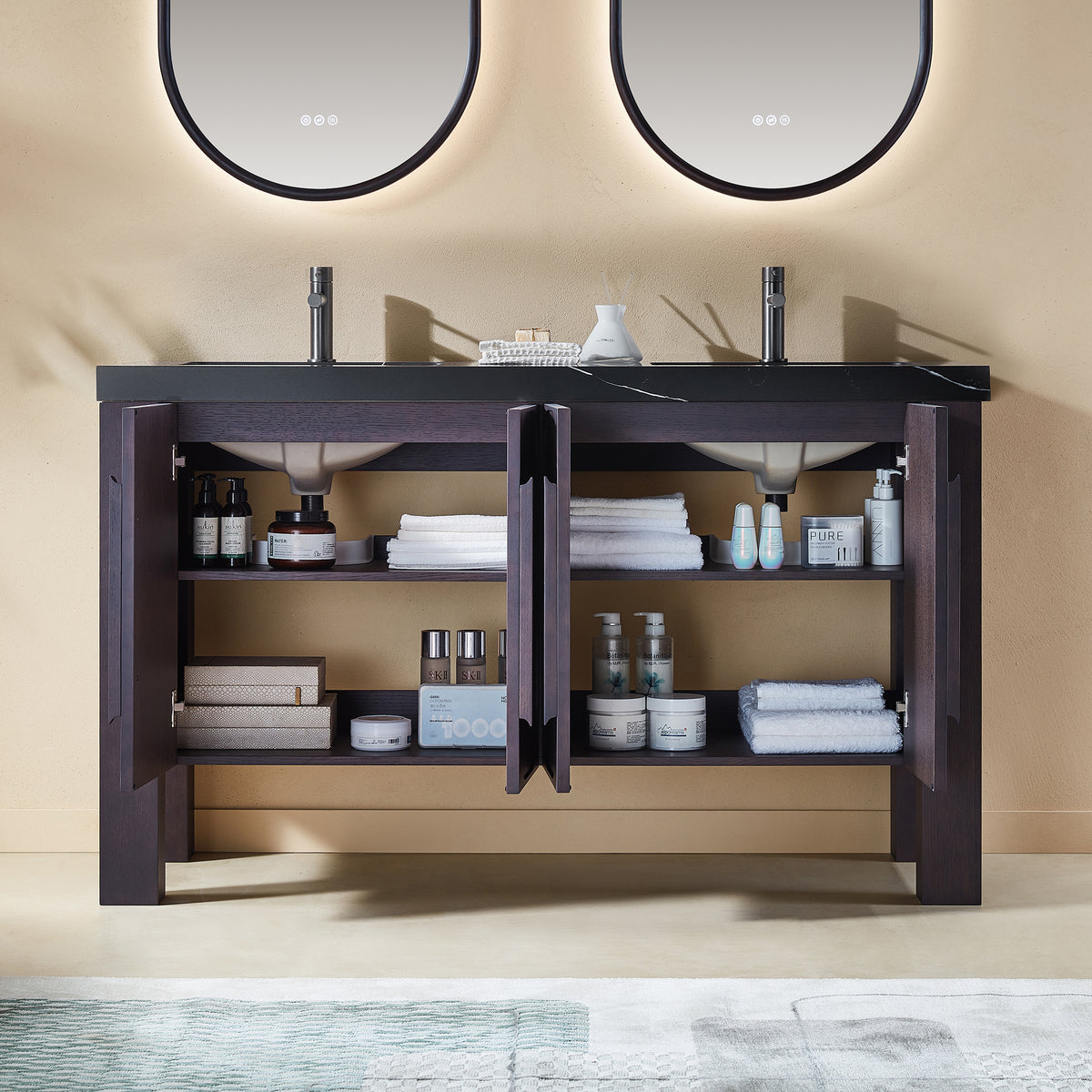 60" Espresso Oak Freestanding Double Sinks Bathroom Vanity with Black Marquina Quartz Countertop