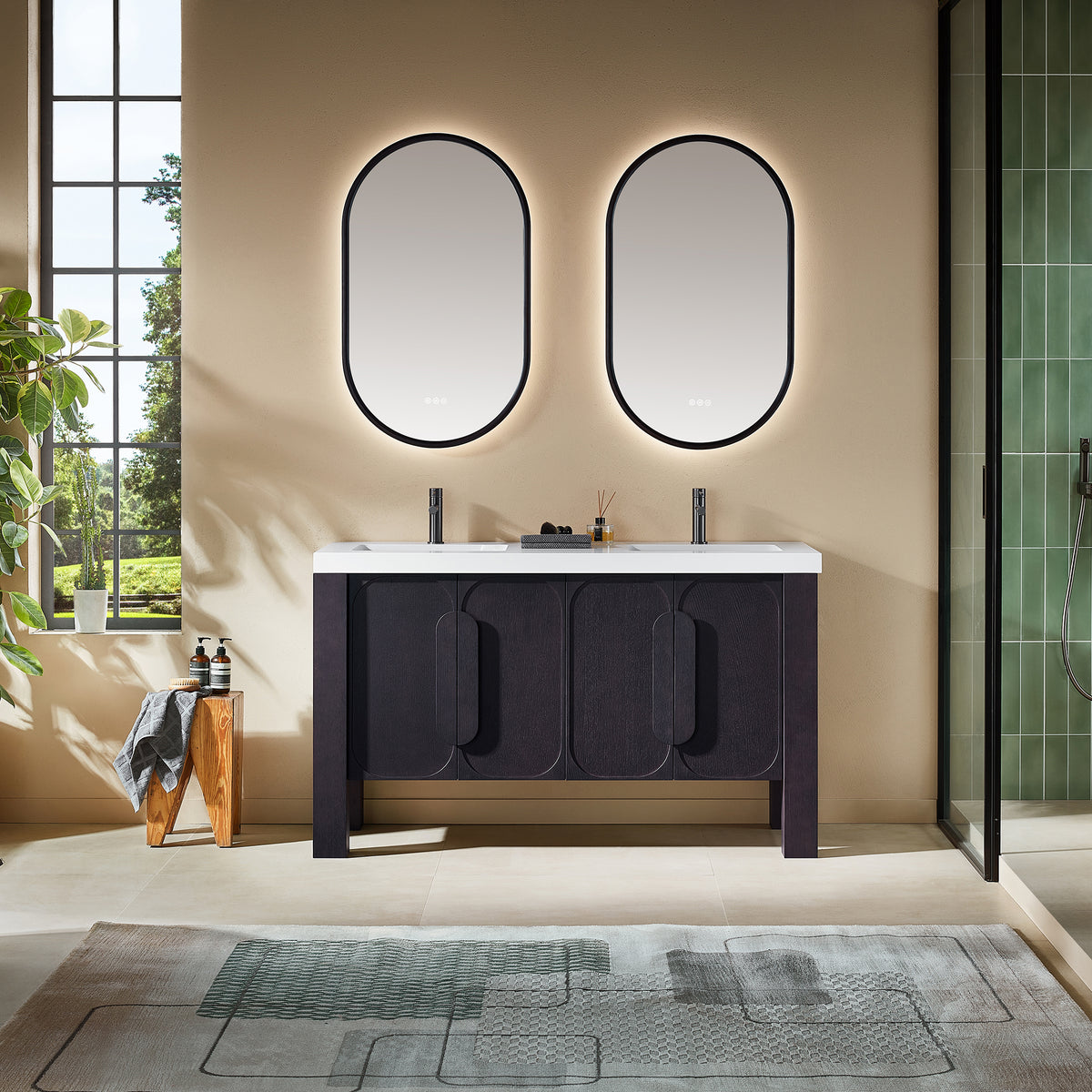 60" Espresso Oak Freestanding Double Sinks Bathroom Vanity with Pure White Quartz Countertop