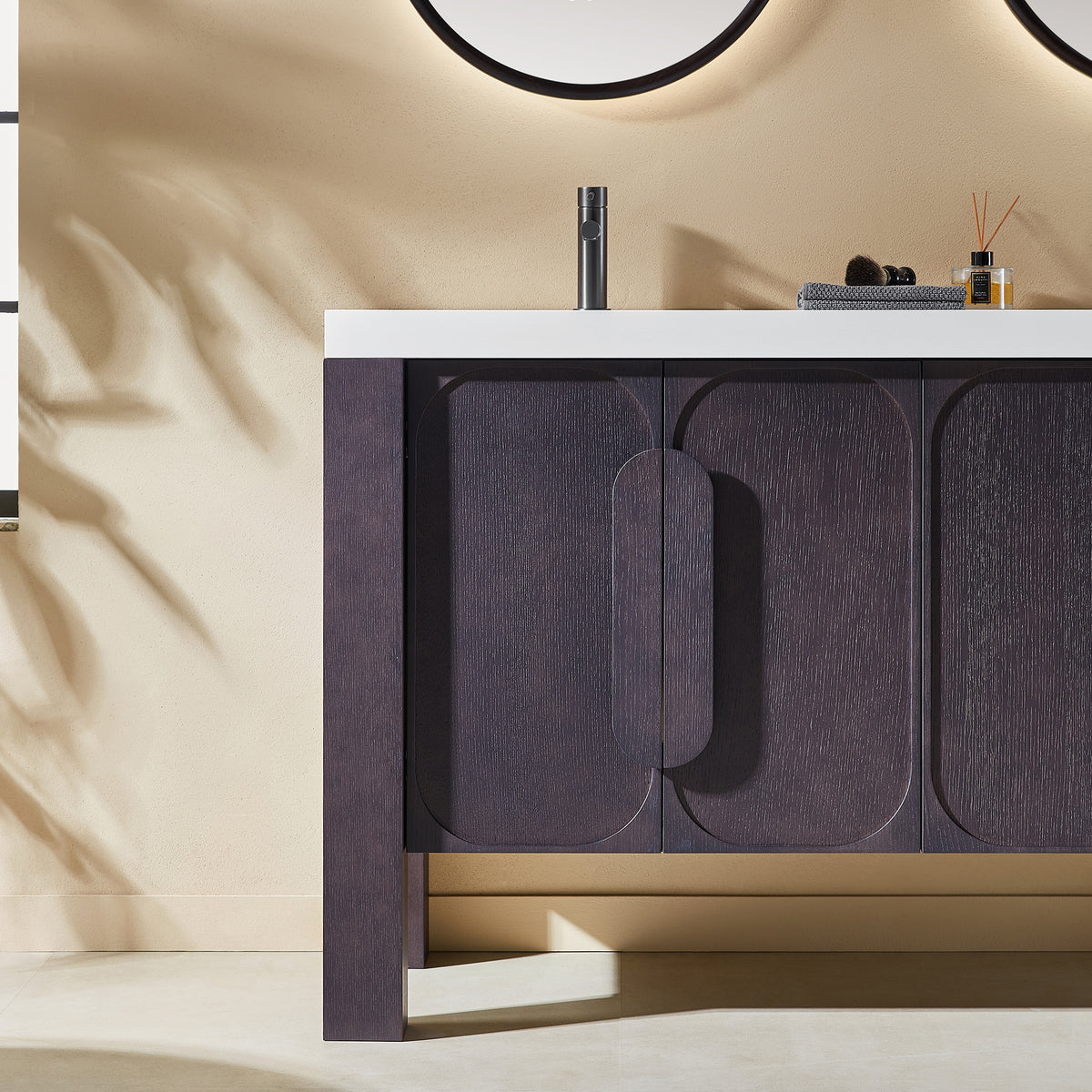 60" Espresso Oak Freestanding Double Sinks Bathroom Vanity with Pure White Quartz Countertop