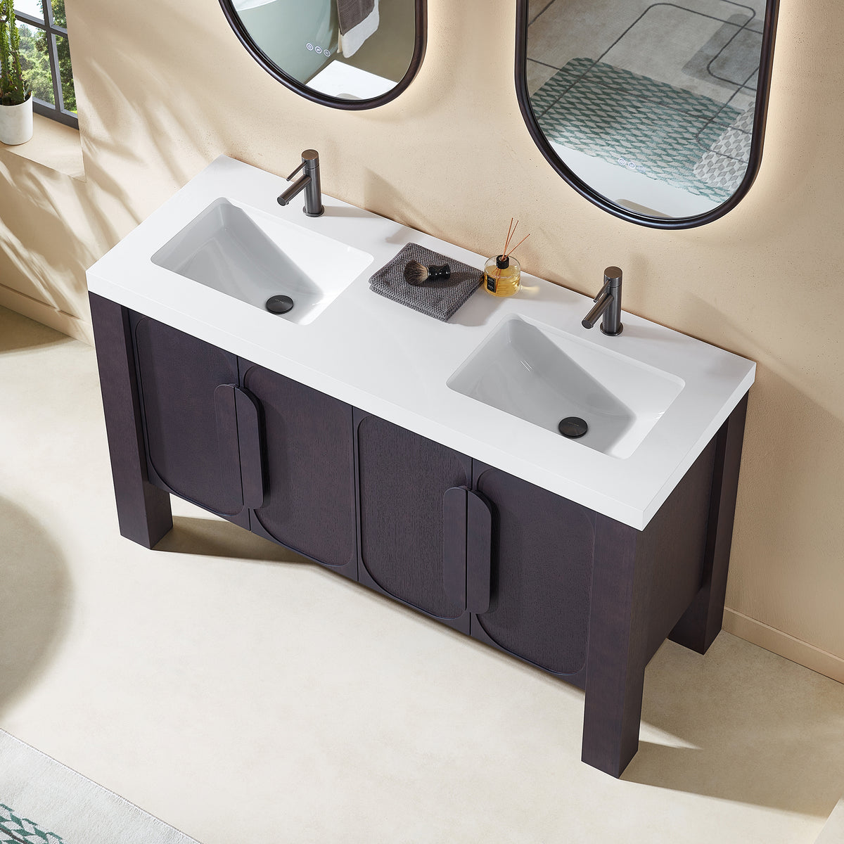 60" Espresso Oak Freestanding Double Sinks Bathroom Vanity with Pure White Quartz Countertop