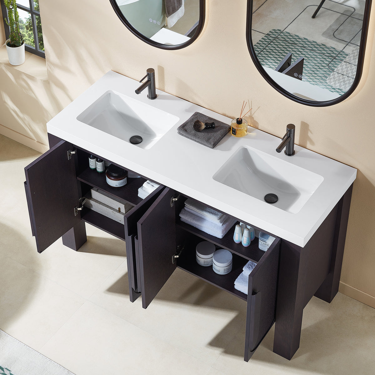 60" Espresso Oak Freestanding Double Sinks Bathroom Vanity with Pure White Quartz Countertop