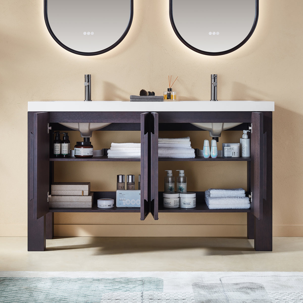 60" Espresso Oak Freestanding Double Sinks Bathroom Vanity with Pure White Quartz Countertop