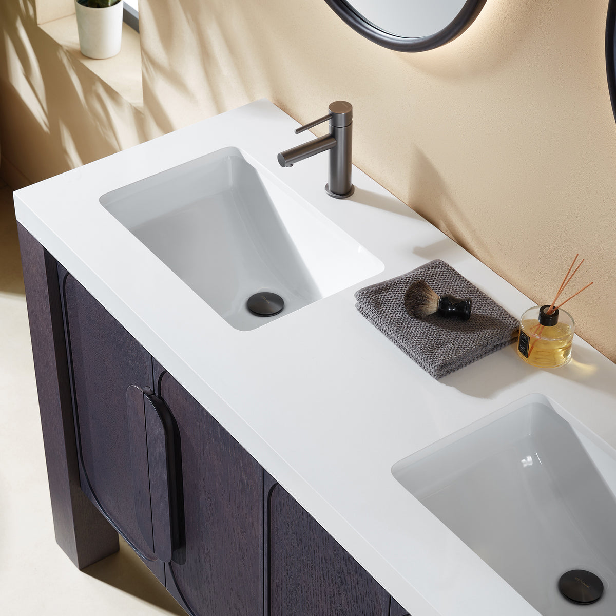 60" Espresso Oak Freestanding Double Sinks Bathroom Vanity with Pure White Quartz Countertop