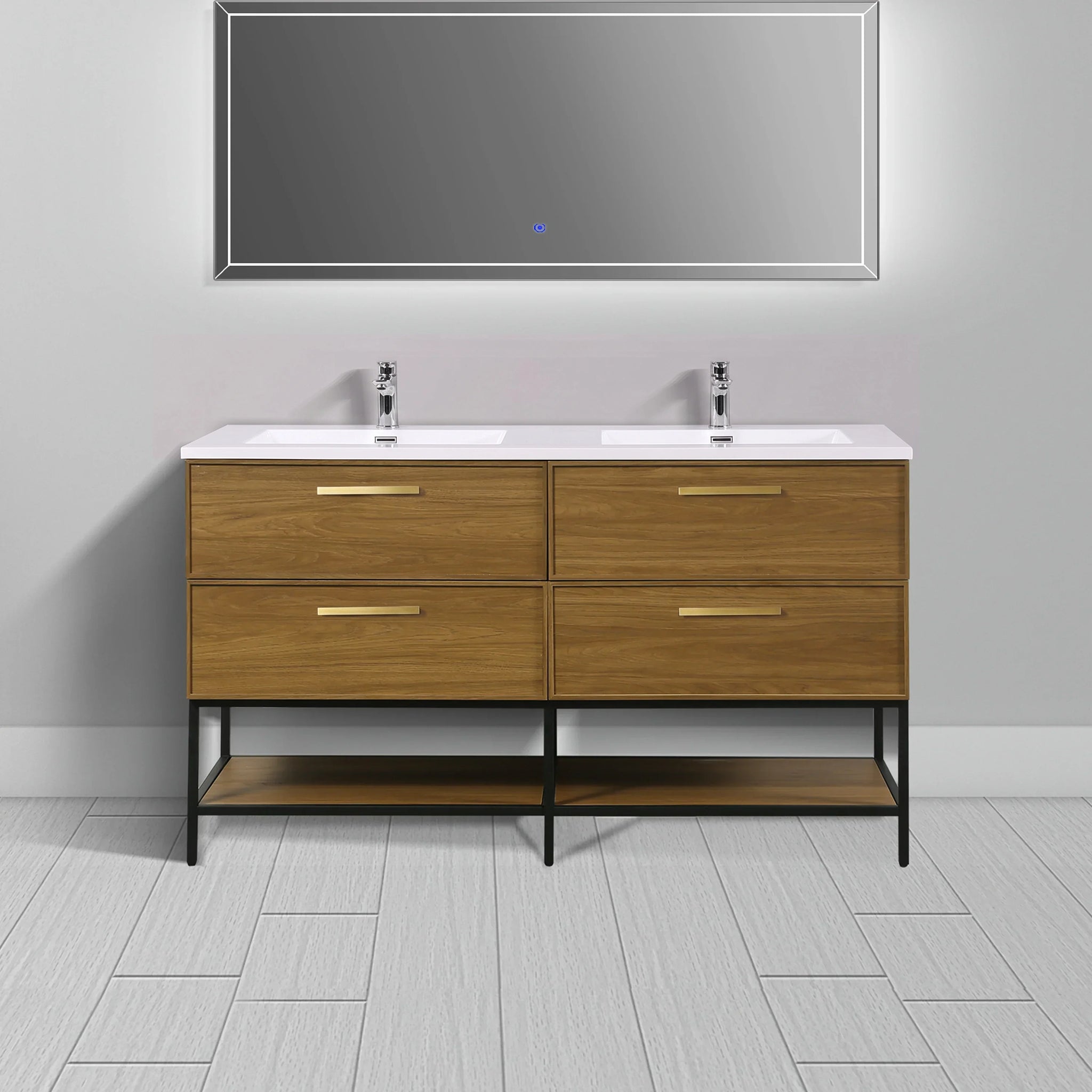 Meuble-lavabo mural 60 po en noyer miel doré avec comptoir et poignées en polymarbre blanc
