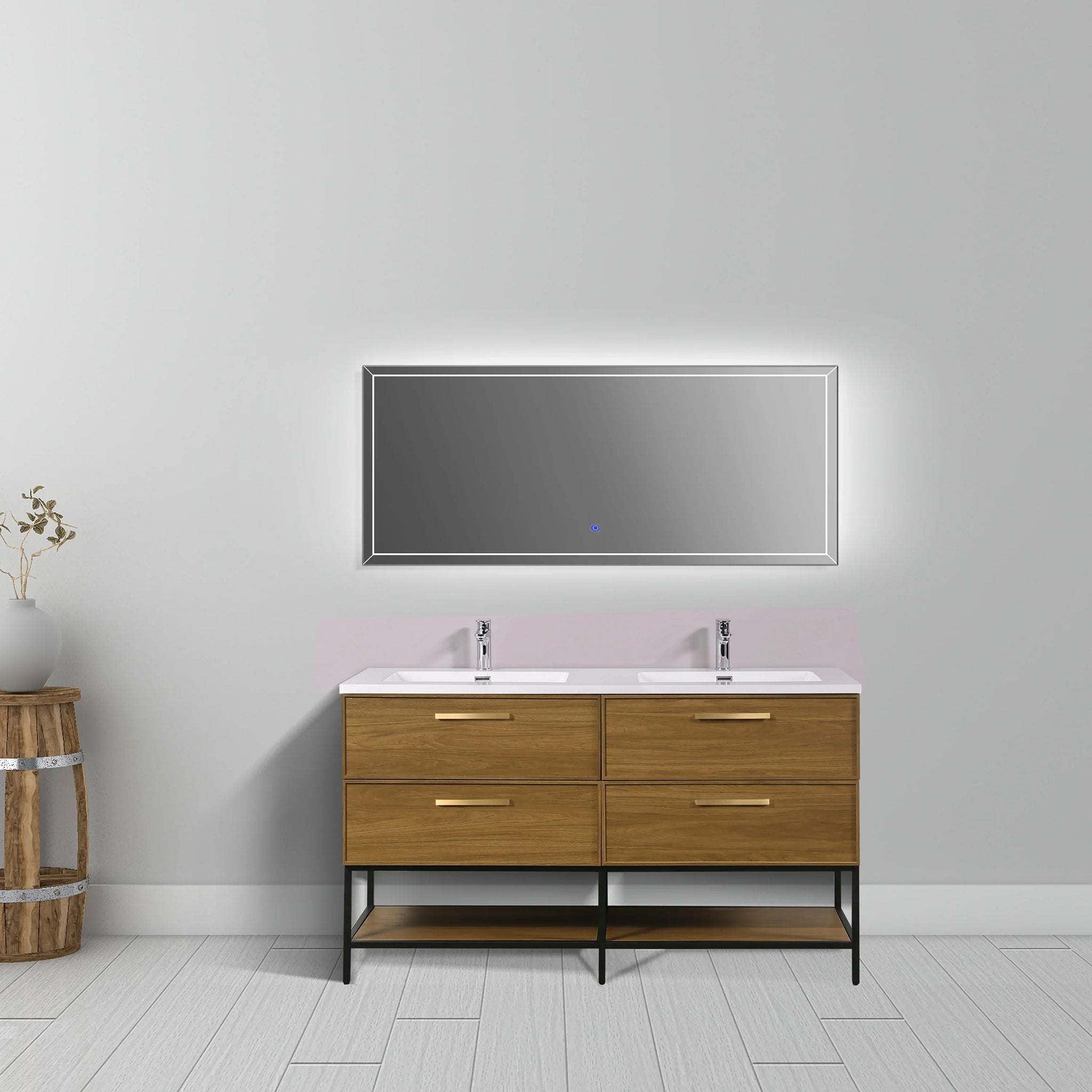 Meuble-lavabo mural 60 po en noyer miel doré avec comptoir et poignées en polymarbre blanc