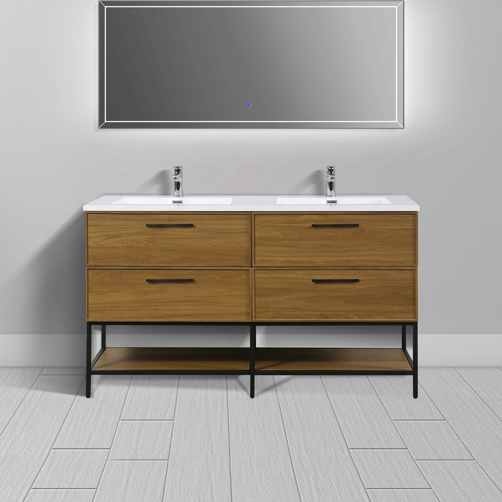 Meuble-lavabo mural 60 po en noyer miel doré avec comptoir et poignées en polymarbre blanc