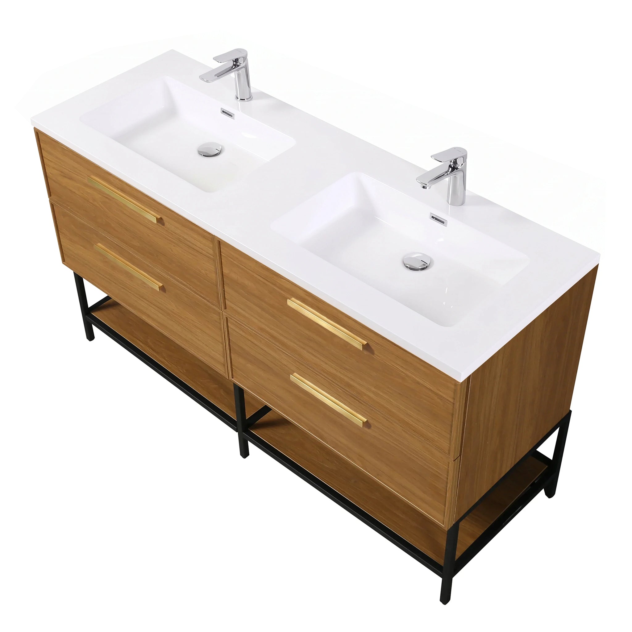 Meuble-lavabo mural 60 po en noyer miel doré avec comptoir et poignées en polymarbre blanc