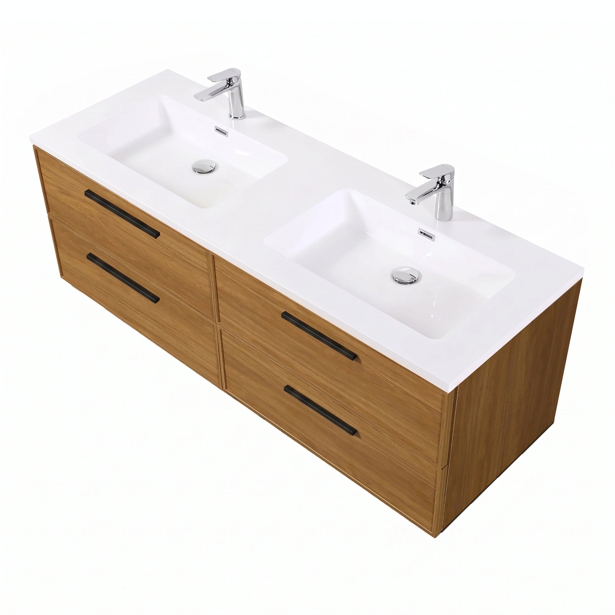 Meuble-lavabo mural 60 po en noyer miel doré avec comptoir et poignées en polymarbre blanc