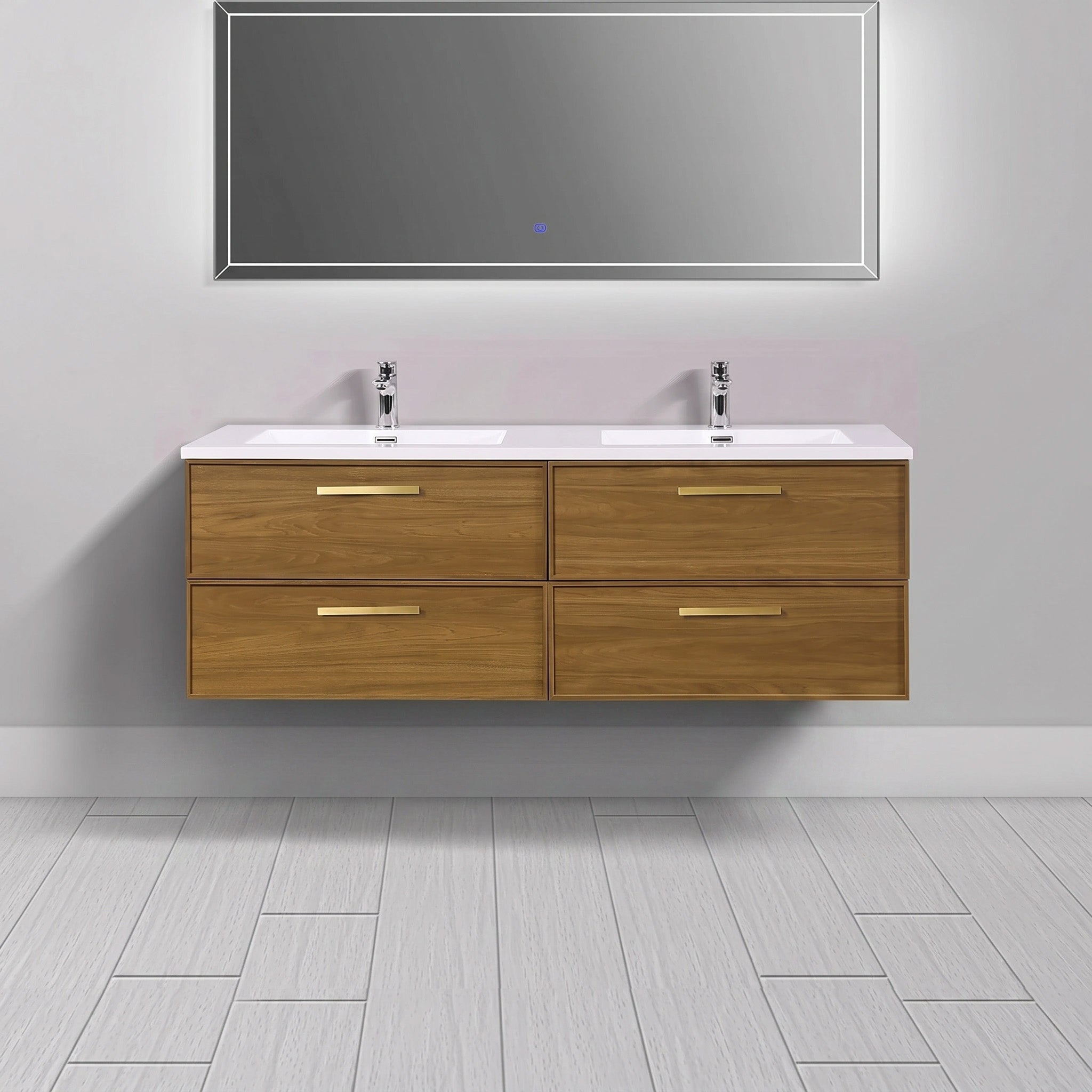 Meuble-lavabo mural 60 po en noyer miel doré avec comptoir et poignées en polymarbre blanc