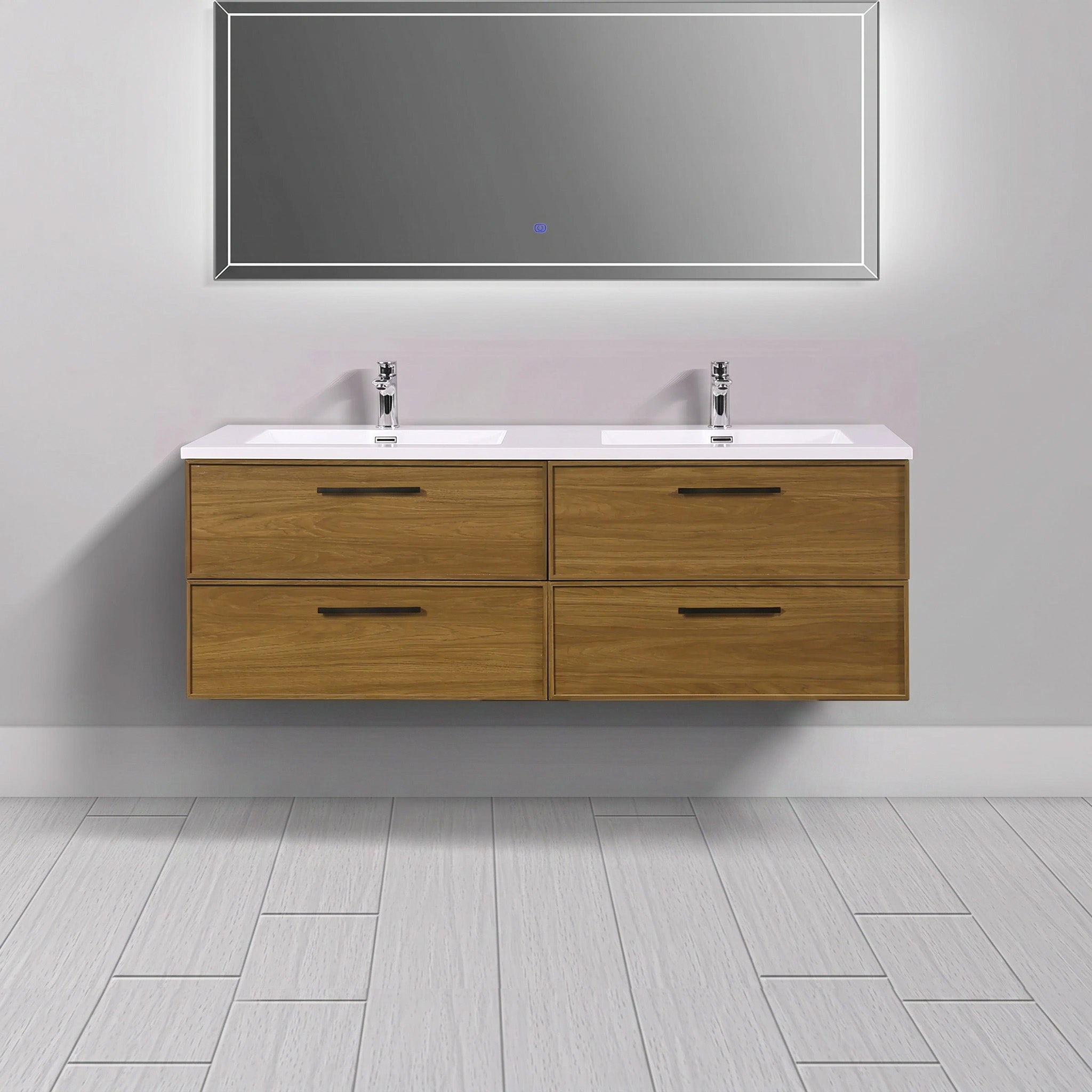 Meuble-lavabo mural 60 po en noyer miel doré avec comptoir et poignées en polymarbre blanc