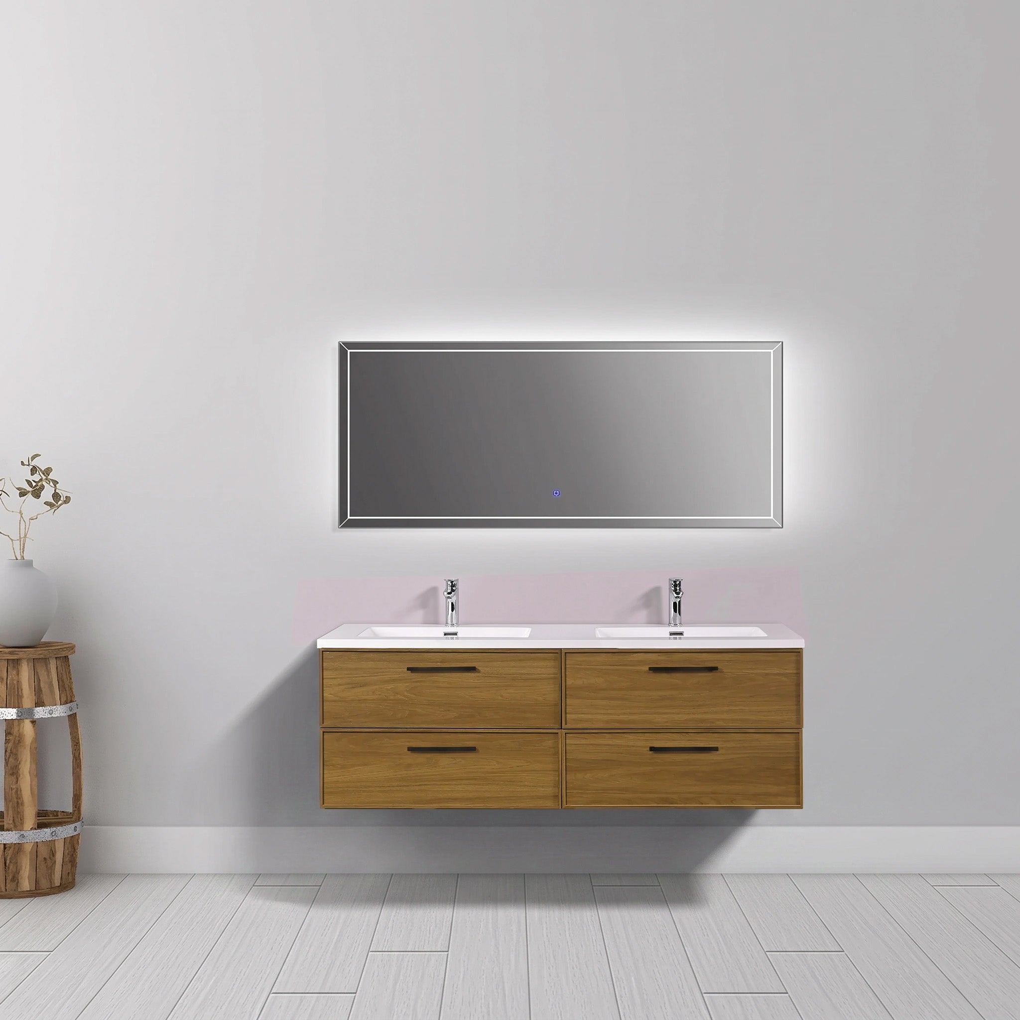 Meuble-lavabo mural 60 po en noyer miel doré avec comptoir et poignées en polymarbre blanc