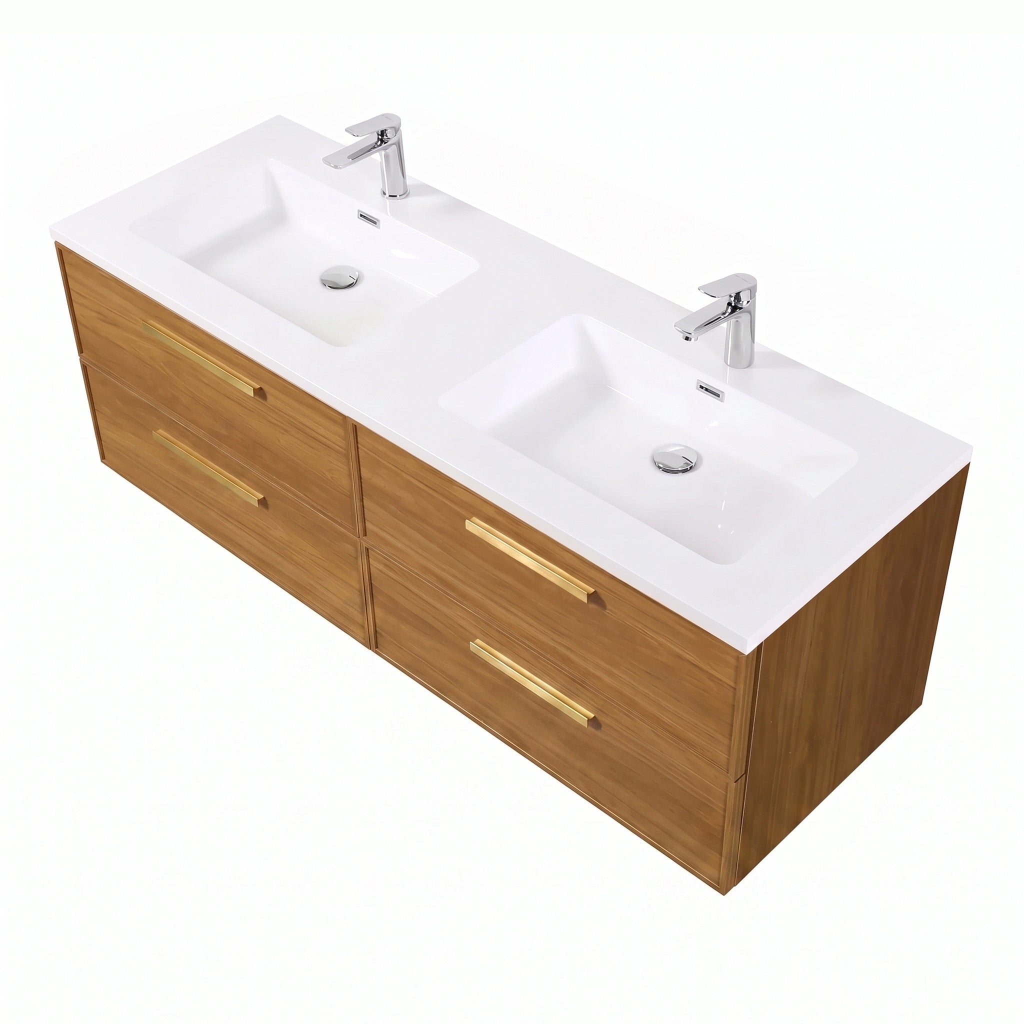 Meuble-lavabo mural 60 po en noyer miel doré avec comptoir et poignées en polymarbre blanc