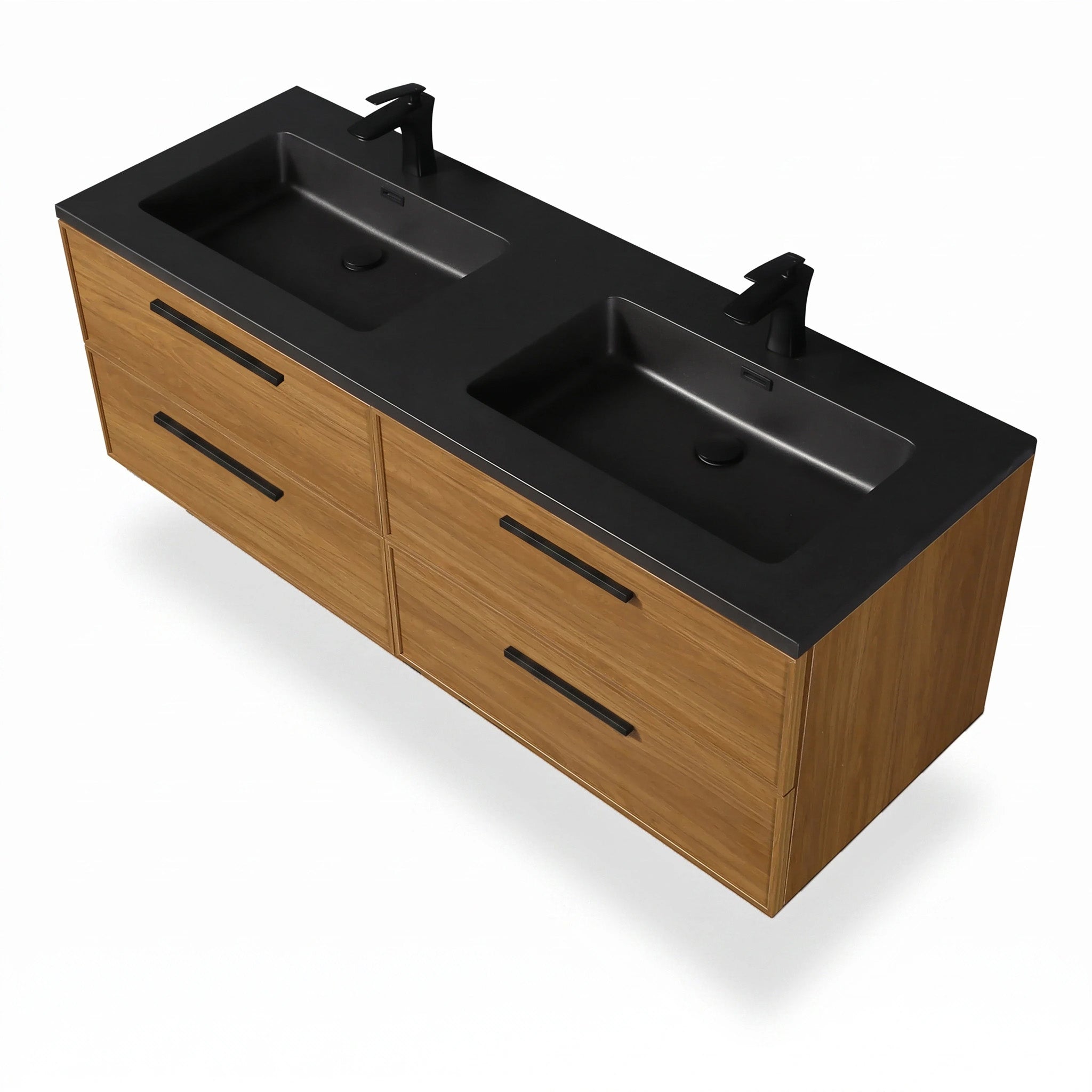 60 Inch Honey Gold Walnut Wall Mounted Bathroom Vanity with Black Engineered Quartz Countertop and Handles