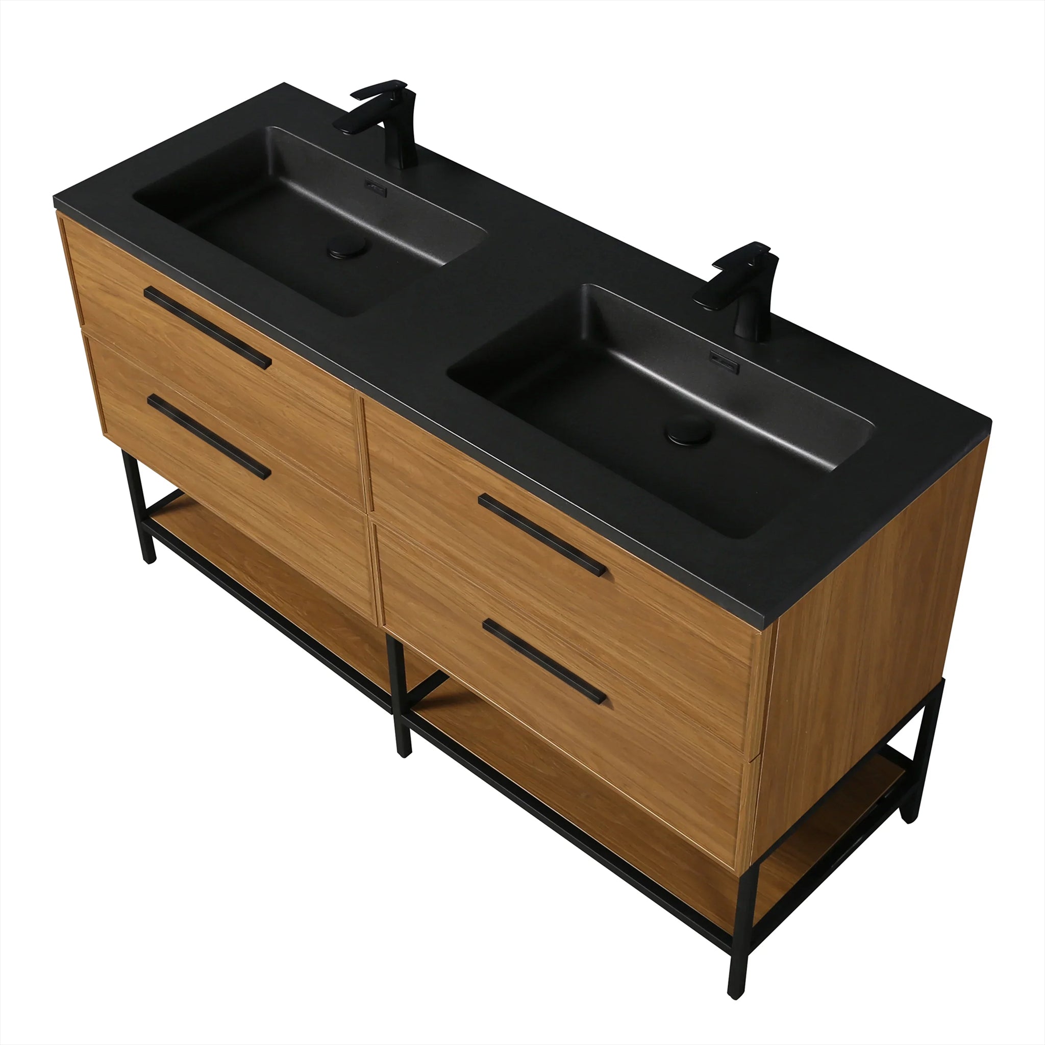 60 Inch Honey Gold Walnut Wall Mounted Bathroom Vanity with Black Engineered Quartz Countertop and Handles