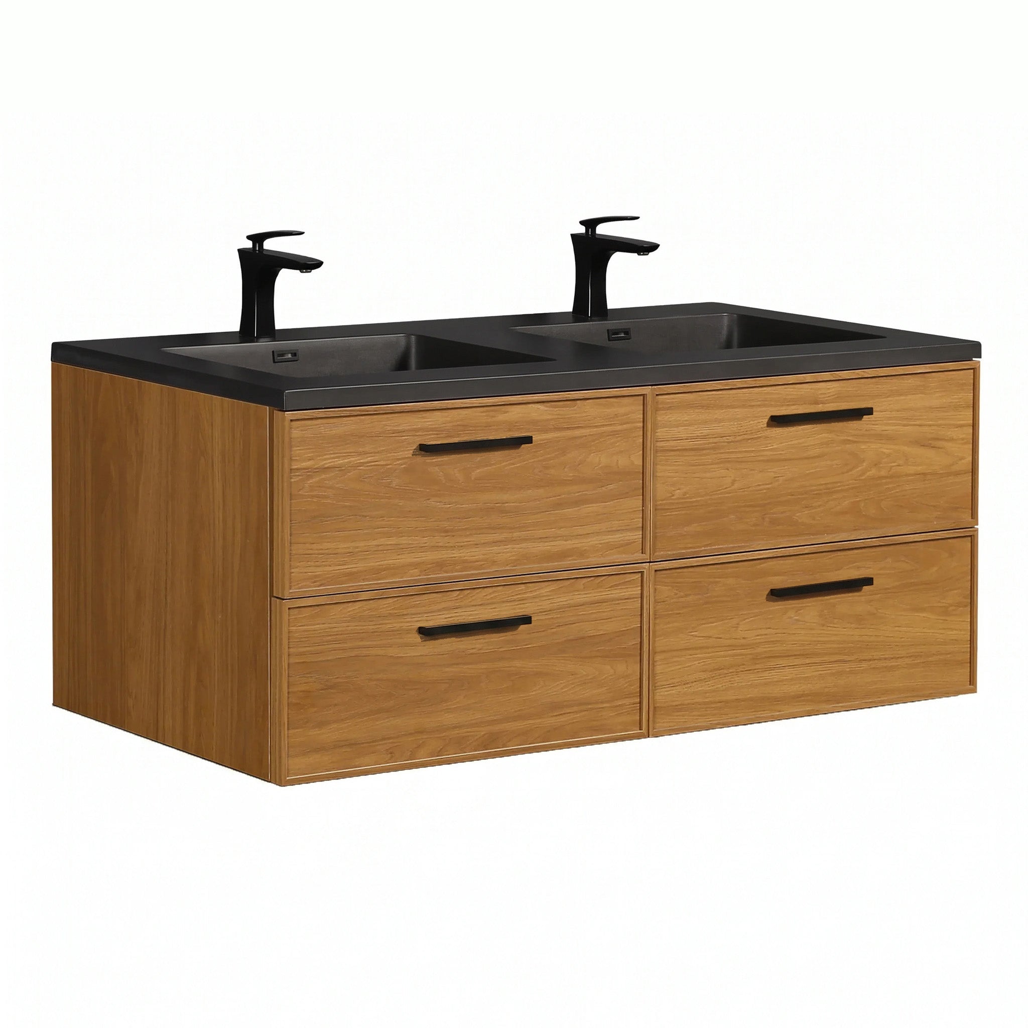 60 Inch Honey Gold Walnut Wall Mounted Bathroom Vanity with Black Engineered Quartz Countertop and Handles