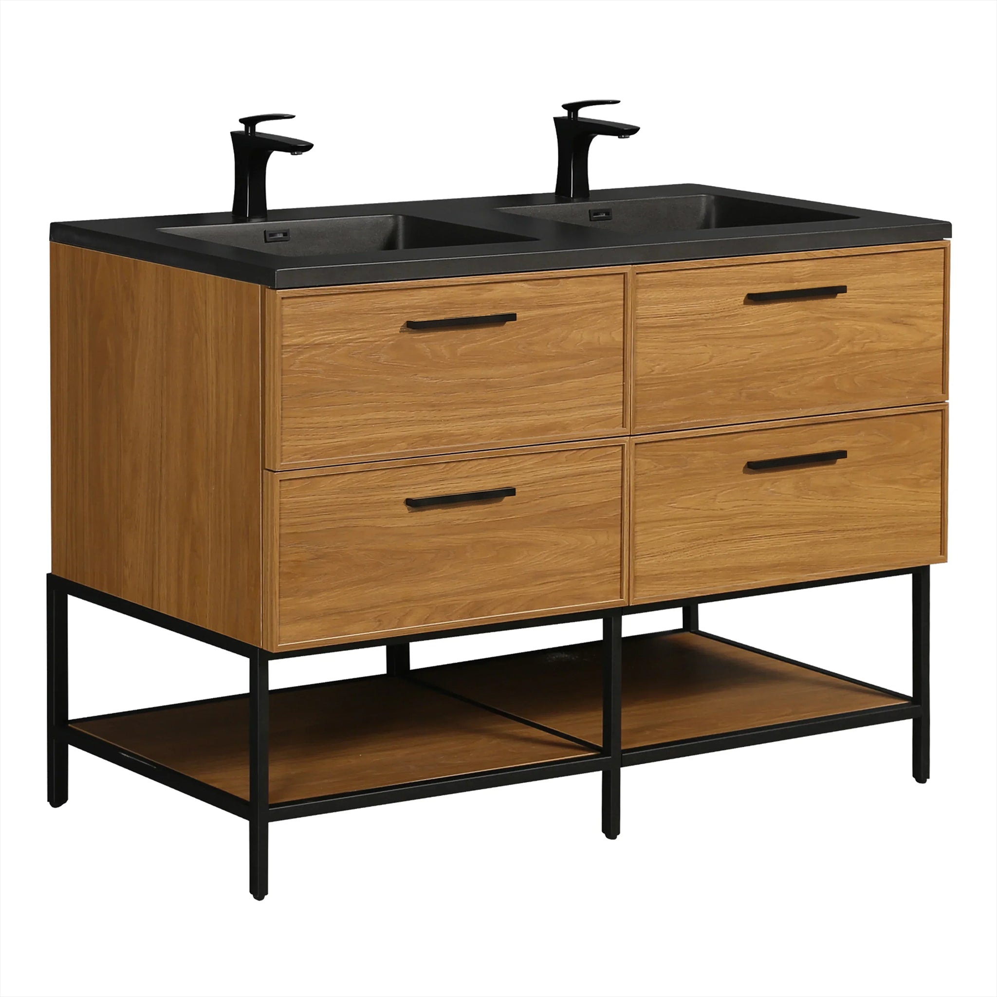 60 Inch Honey Gold Walnut Wall Mounted Bathroom Vanity with Black Engineered Quartz Countertop and Handles