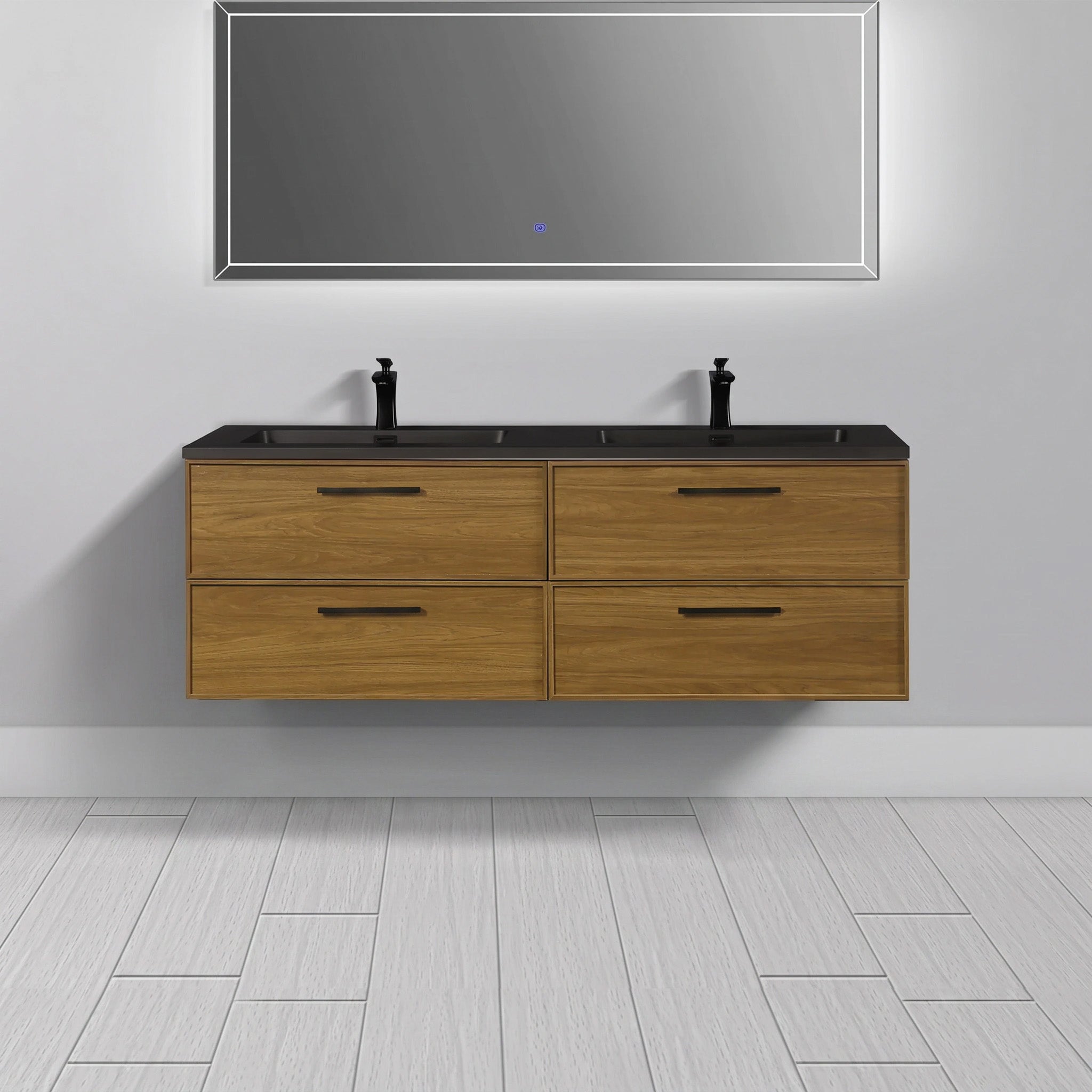 60 Inch Honey Gold Walnut Wall Mounted Bathroom Vanity with Black Engineered Quartz Countertop and Handles