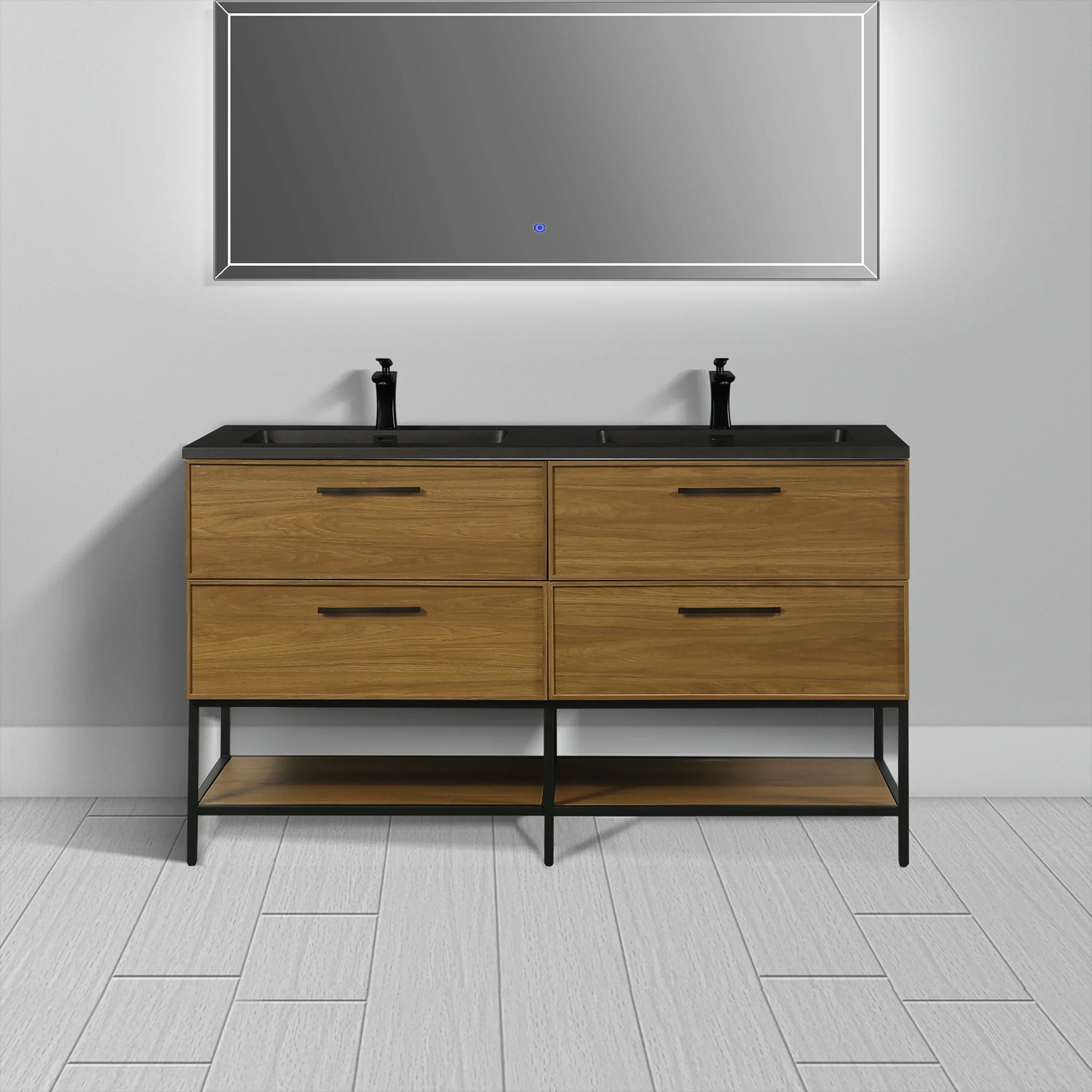 60 Inch Honey Gold Walnut Wall Mounted Bathroom Vanity with Black Engineered Quartz Countertop and Handles