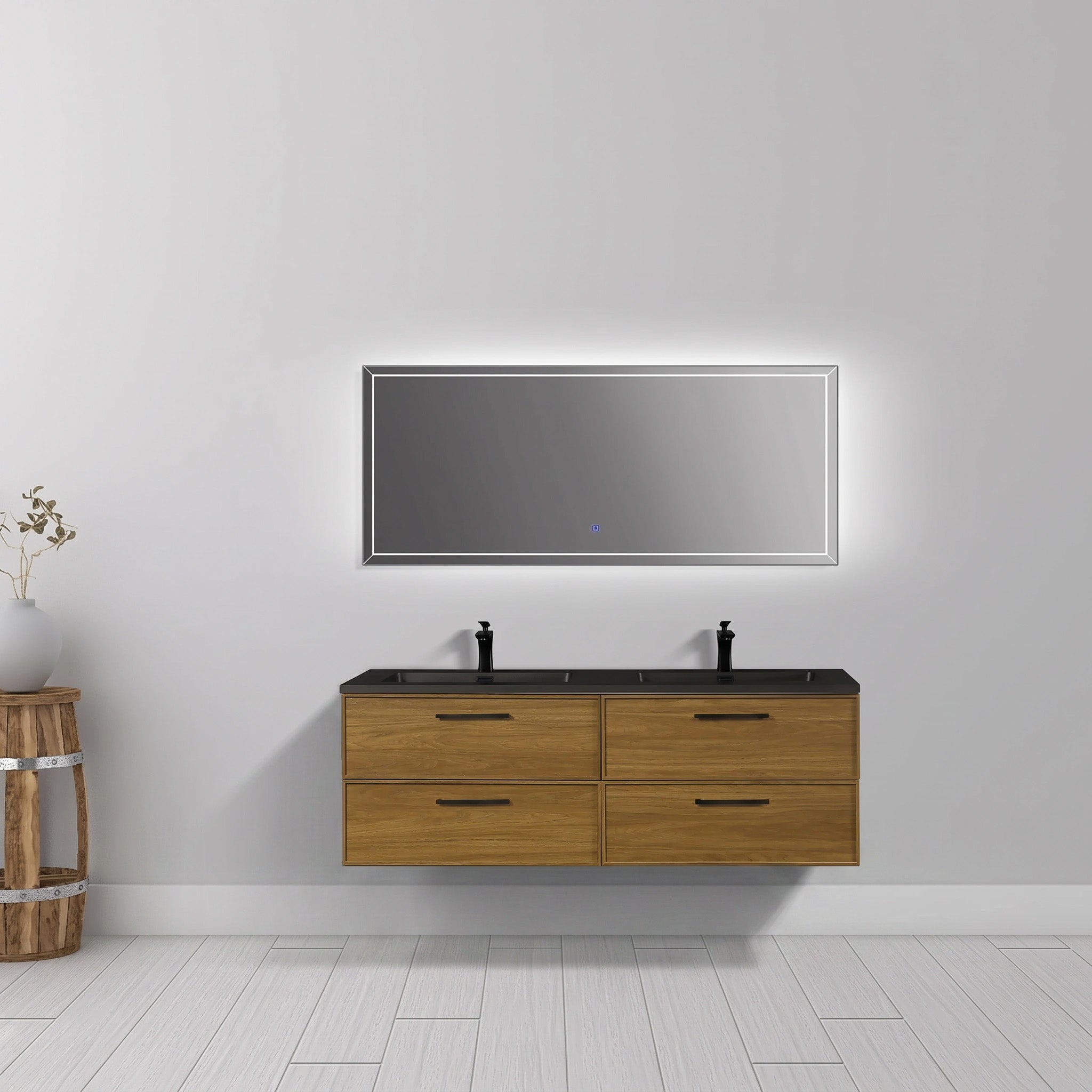 60 Inch Honey Gold Walnut Wall Mounted Bathroom Vanity with Black Engineered Quartz Countertop and Handles