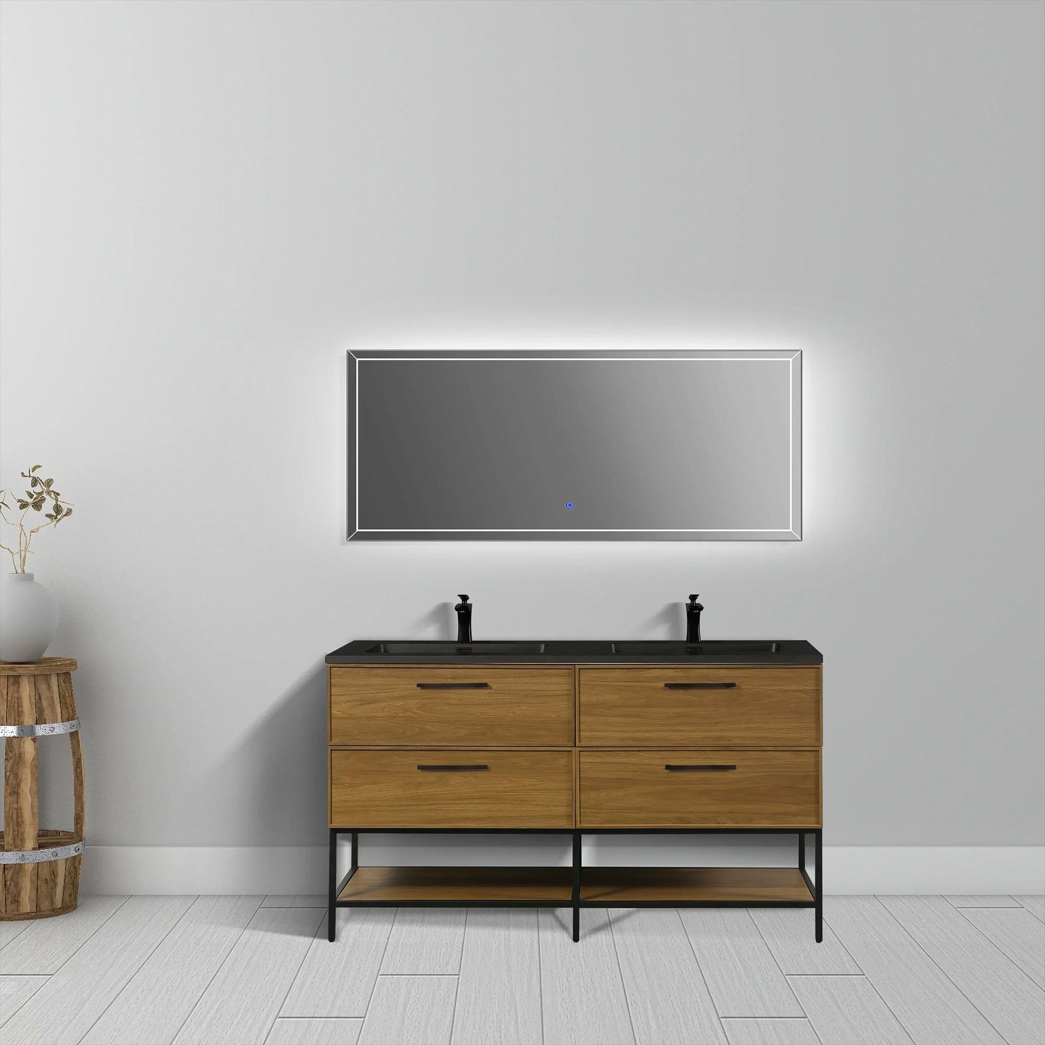 60 Inch Honey Gold Walnut Wall Mounted Bathroom Vanity with Black Engineered Quartz Countertop and Handles