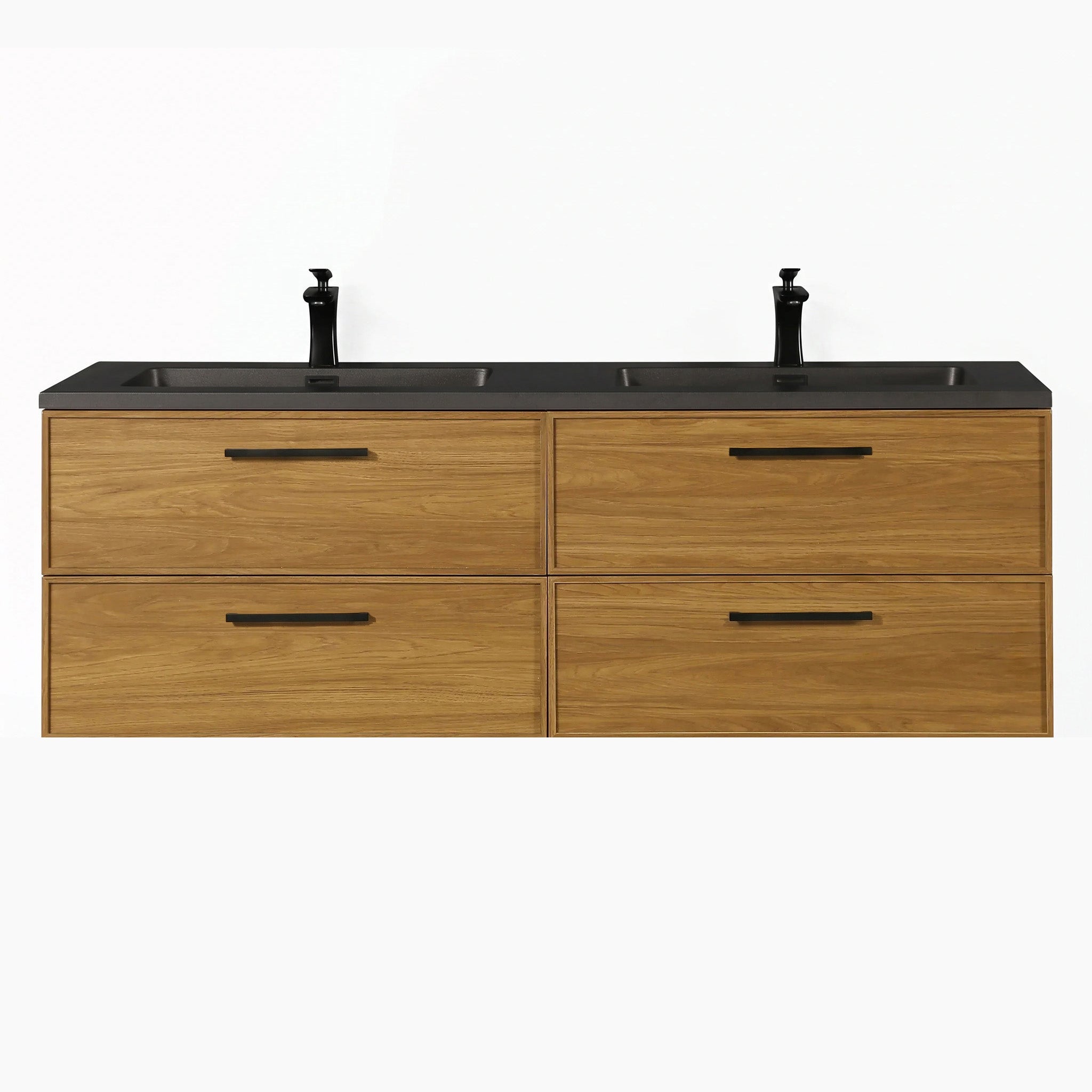 60 Inch Honey Gold Walnut Wall Mounted Bathroom Vanity with Black Engineered Quartz Countertop and Handles