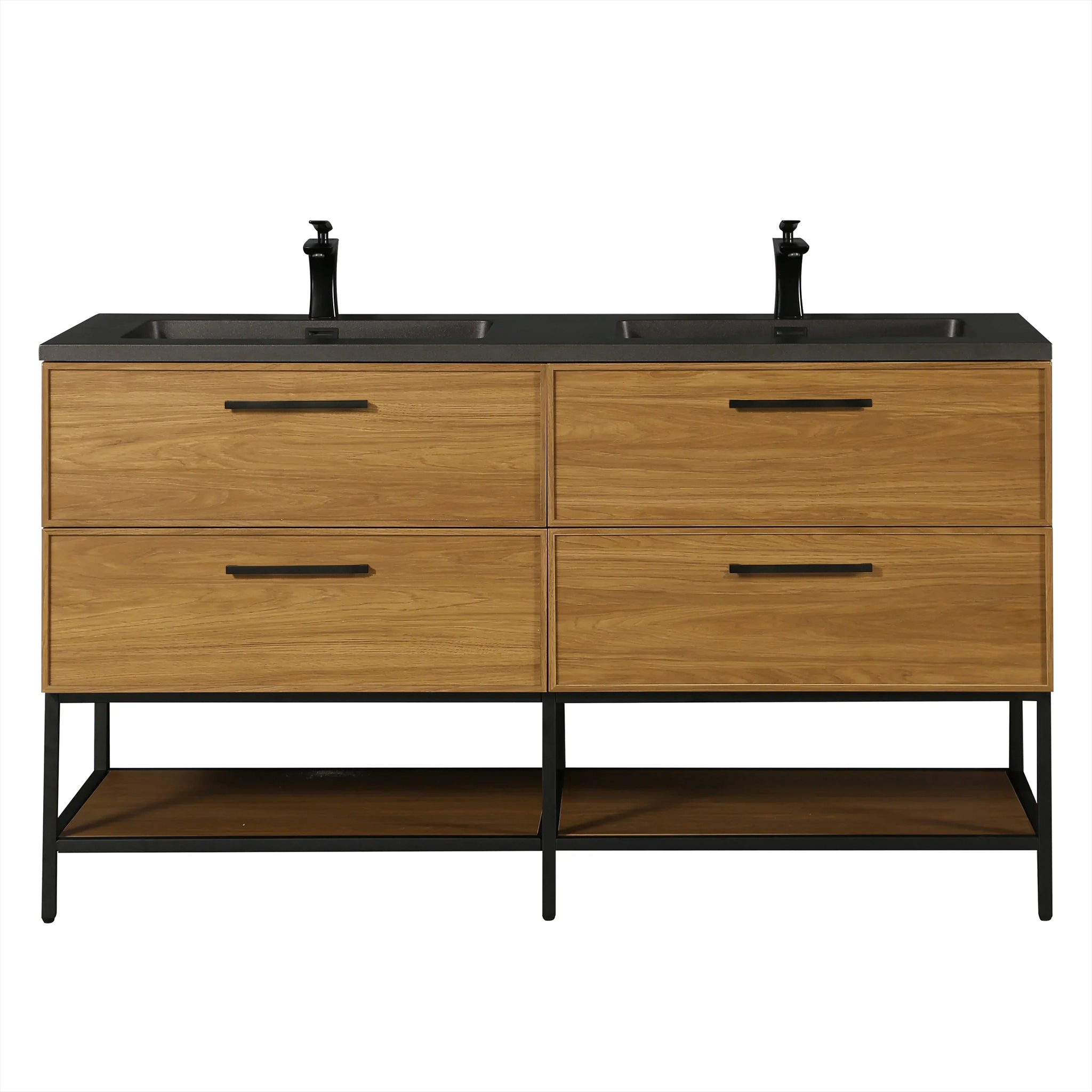 60 Inch Honey Gold Walnut Wall Mounted Bathroom Vanity with Black Engineered Quartz Countertop and Handles
