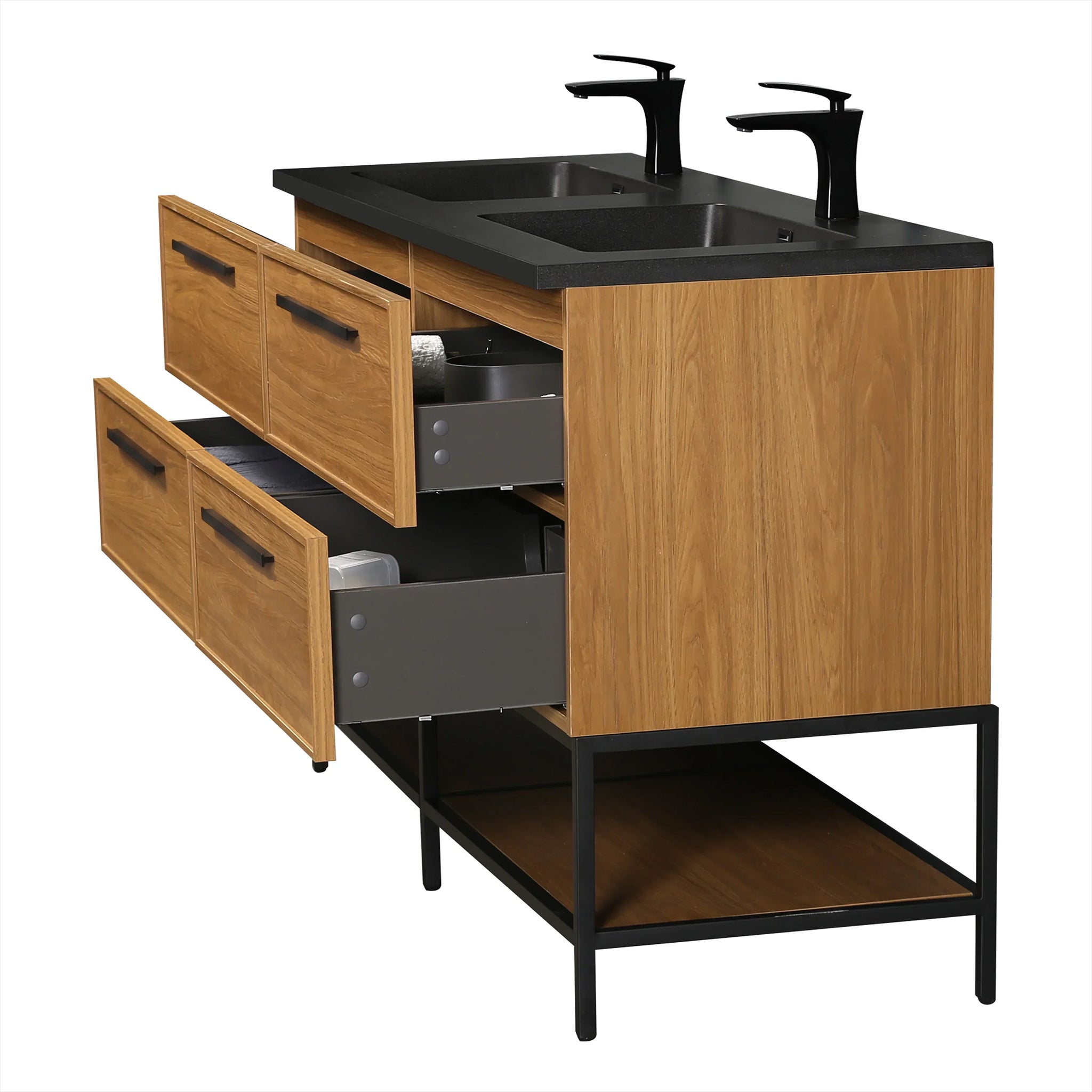 60 Inch Honey Gold Walnut Wall Mounted Bathroom Vanity with Black Engineered Quartz Countertop and Handles