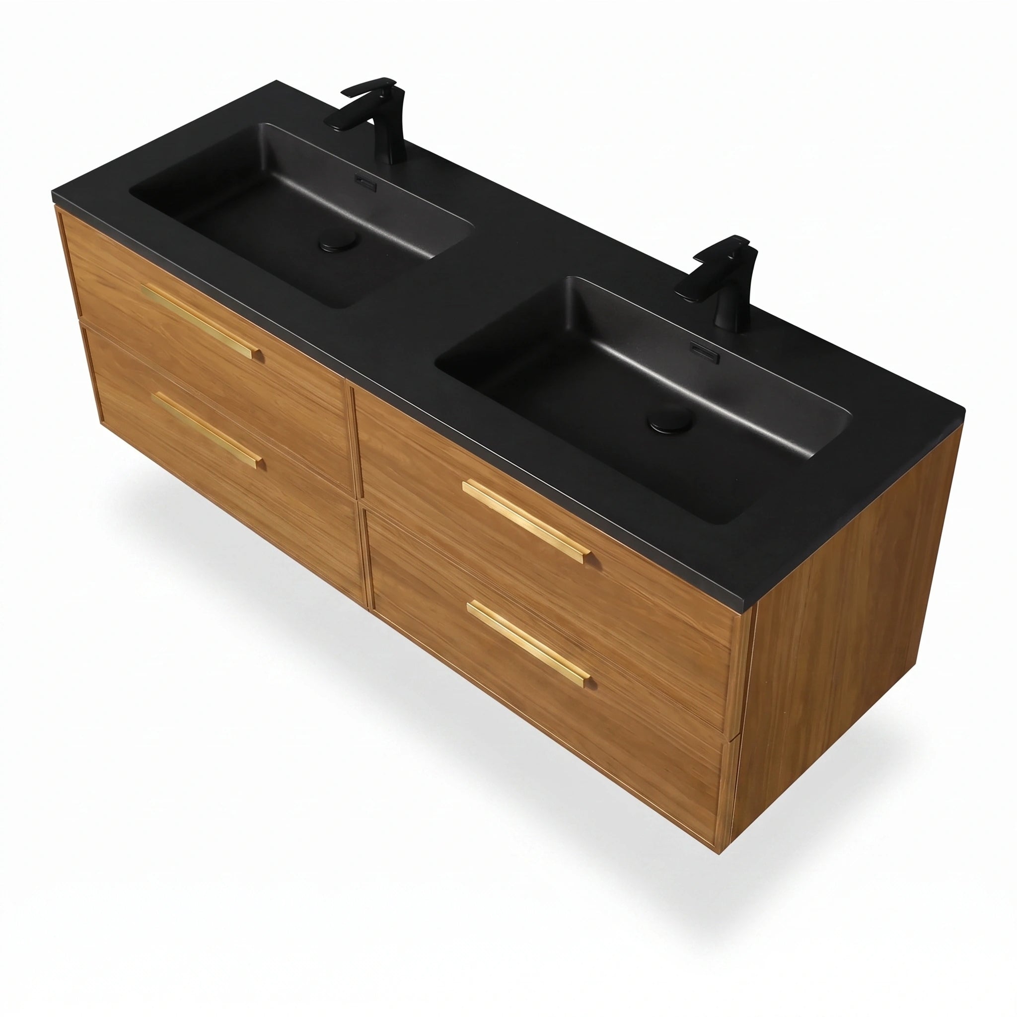 60 Inch Honey Gold Walnut Wall Mounted Bathroom Vanity with Black Engineered Quartz Countertop and Handles