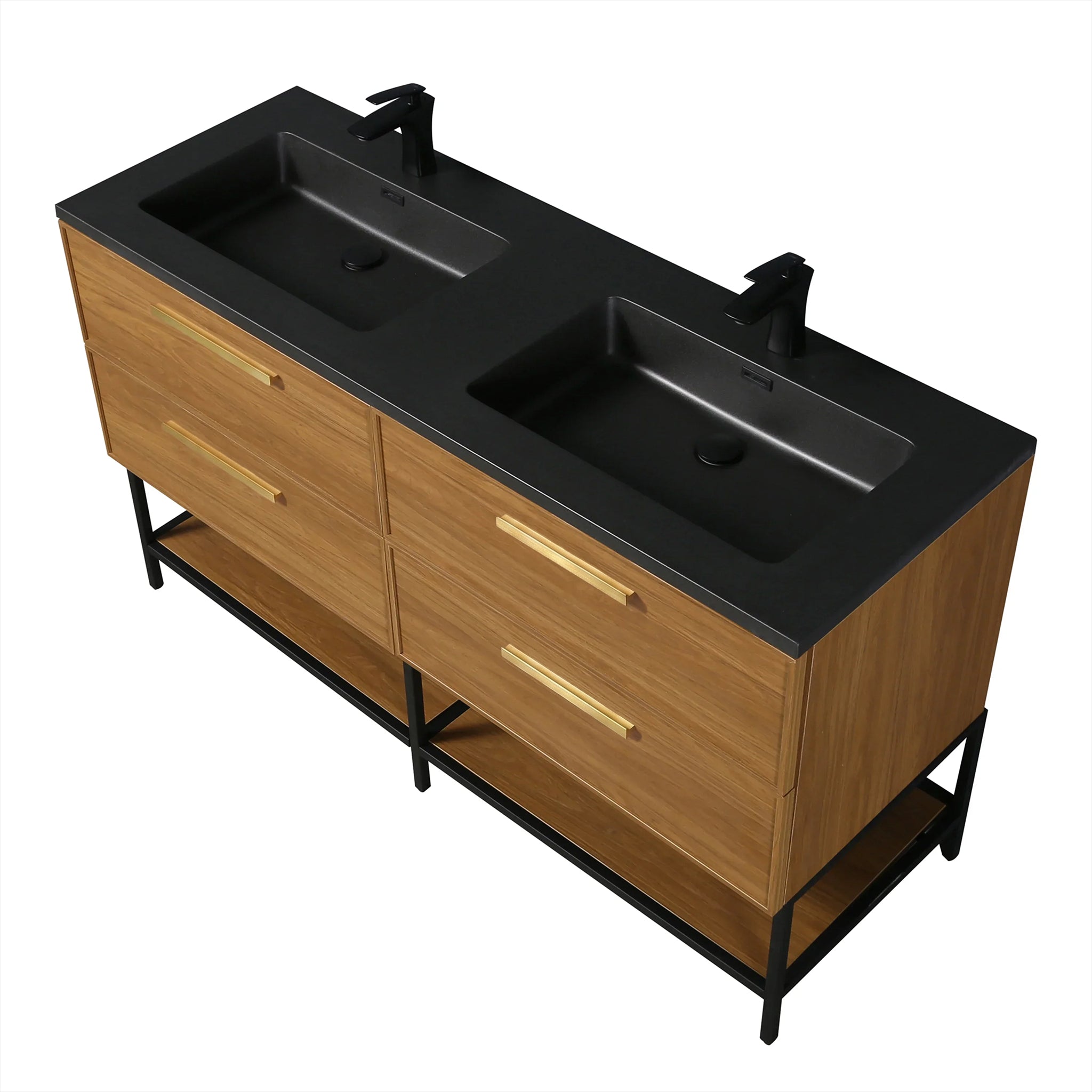 60 Inch Honey Gold Walnut Wall Mounted Bathroom Vanity with Black Engineered Quartz Countertop and Handles