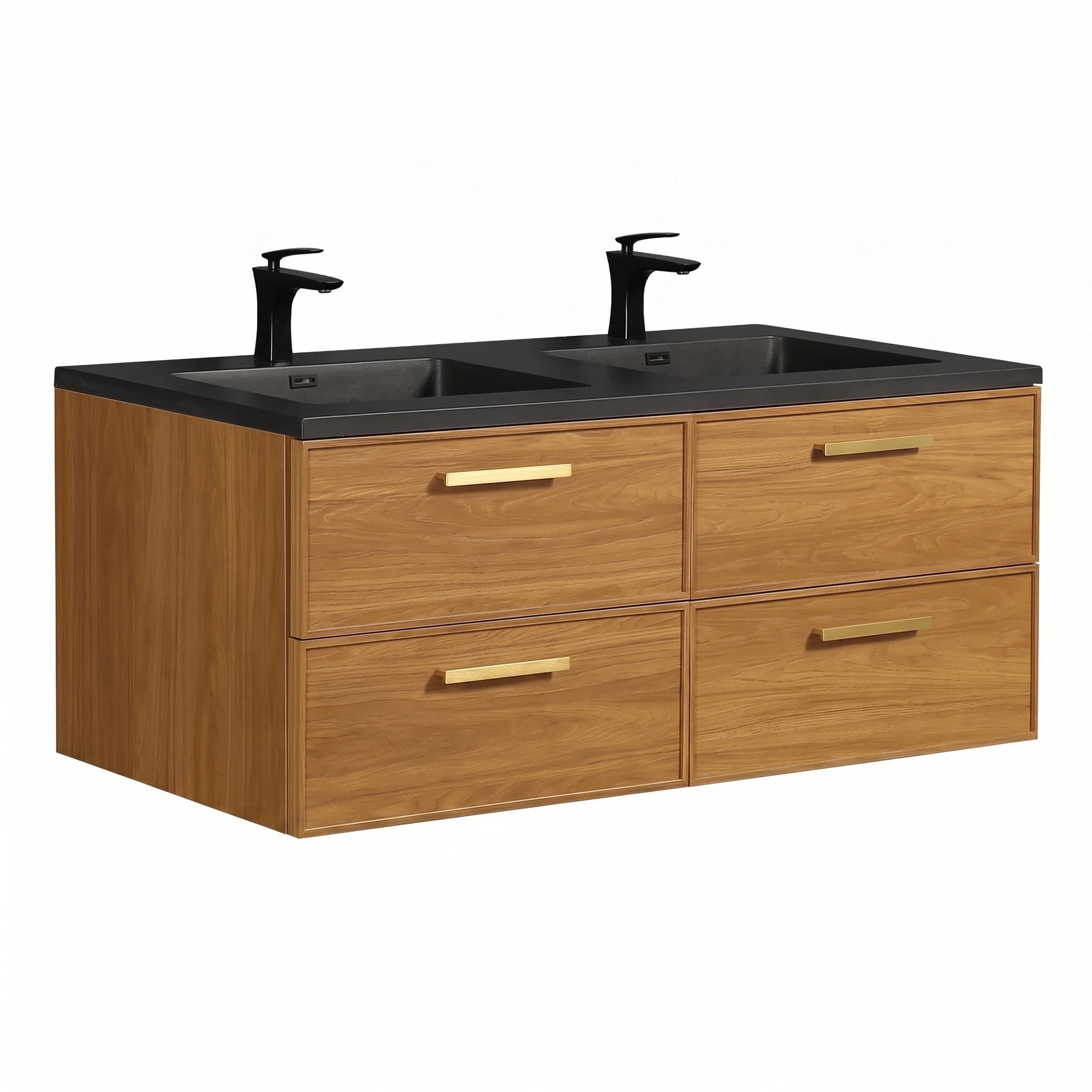 60 Inch Honey Gold Walnut Wall Mounted Bathroom Vanity with Black Engineered Quartz Countertop and Handles