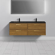 60 Inch Honey Gold Walnut Wall Mounted Bathroom Vanity with Black Engineered Quartz Countertop and Handles