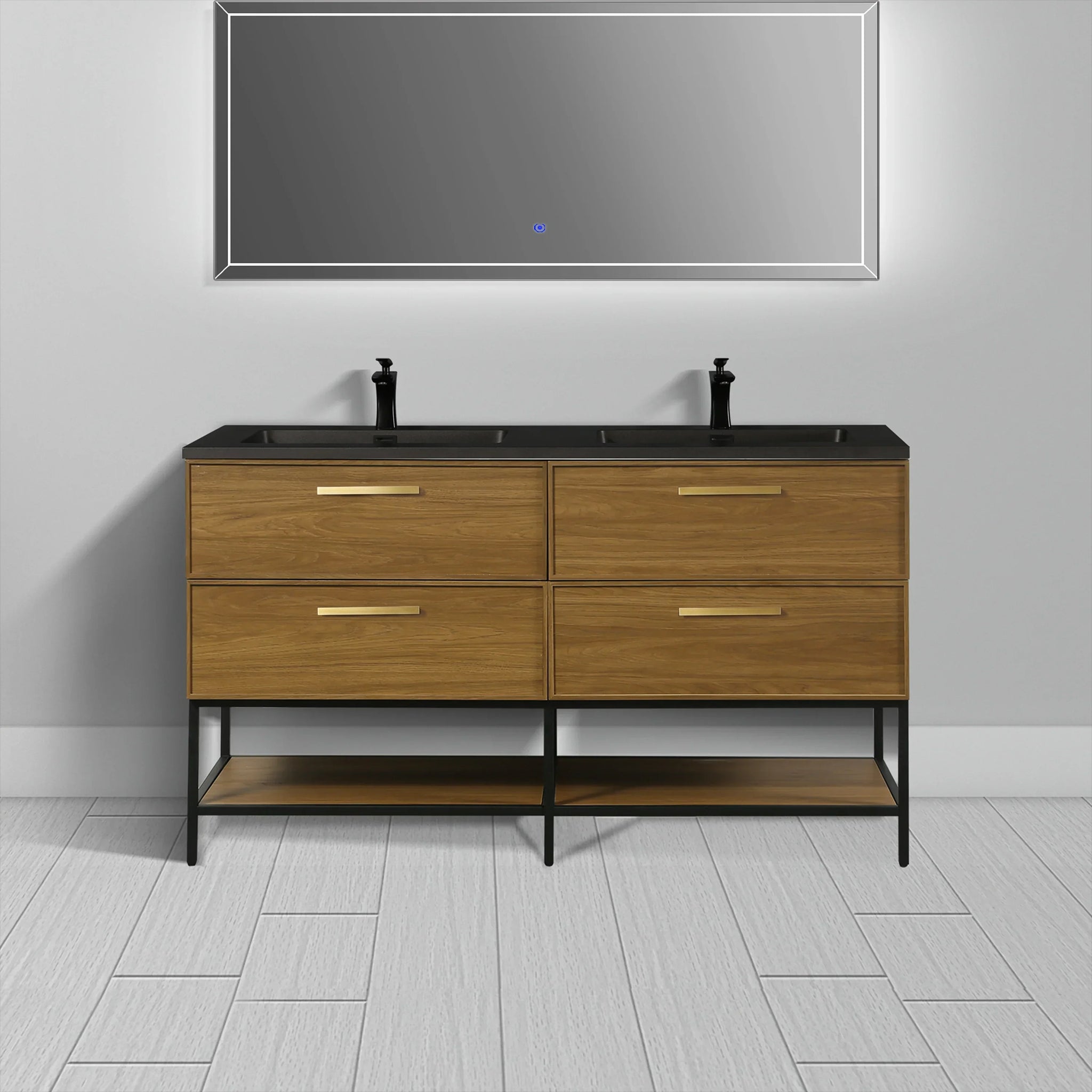 60 Inch Honey Gold Walnut Wall Mounted Bathroom Vanity with Black Engineered Quartz Countertop and Handles